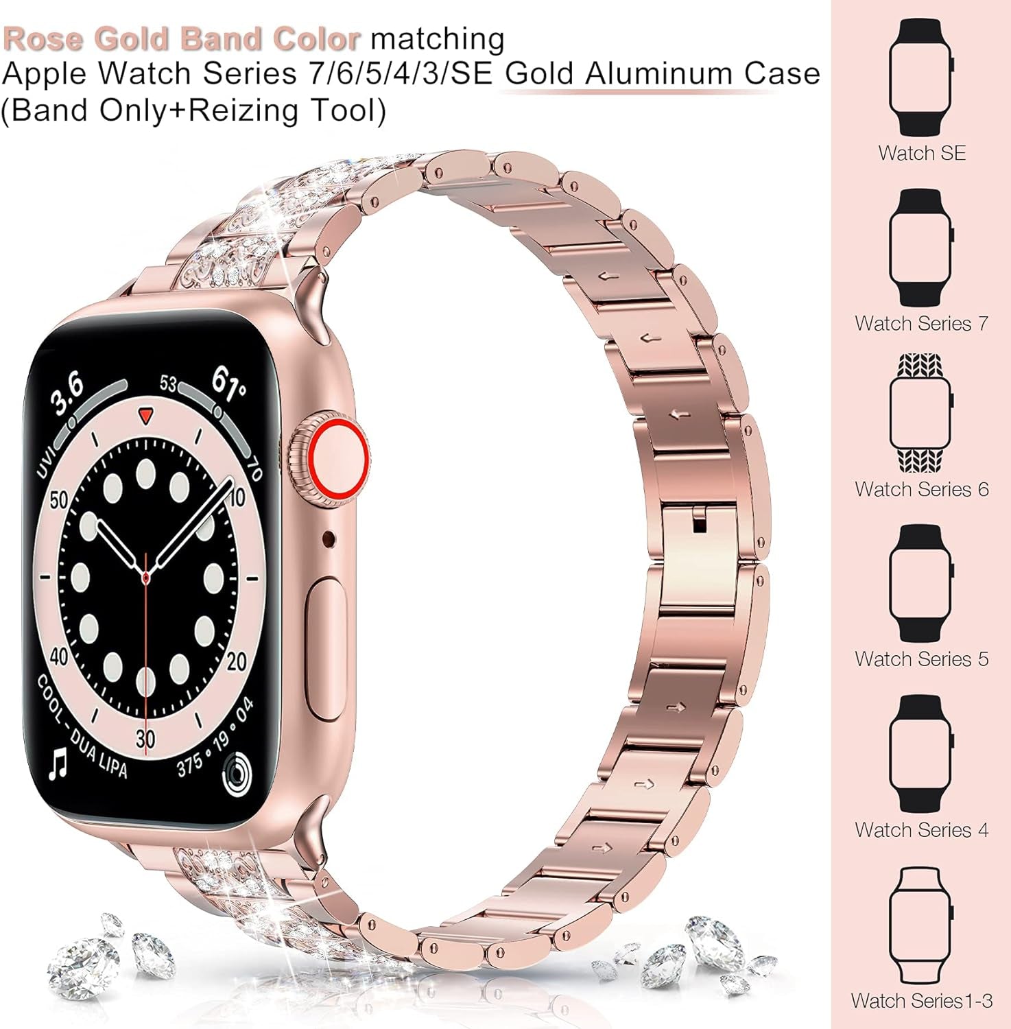 Compatible with Apple Watch Band 38Mm 40Mm 41Mm Series 9 8 7 6 5 4 3 2 1 SE Ultra for Women, Bling Replacement Bracelet Iwatch Band, Sparkle Diamond Rhinestone Stainless Steel Metal Wristband
