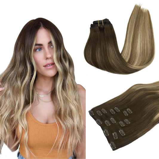 Clip in Hair Extensions Real Human Hair, 80G 7Pcs 12 Inch, Walnut Brown to Ash Brown and Bleach Blonde Hair Extensions, Clip in Human Hair Extensions Remy Natural Straight Hair for Woman