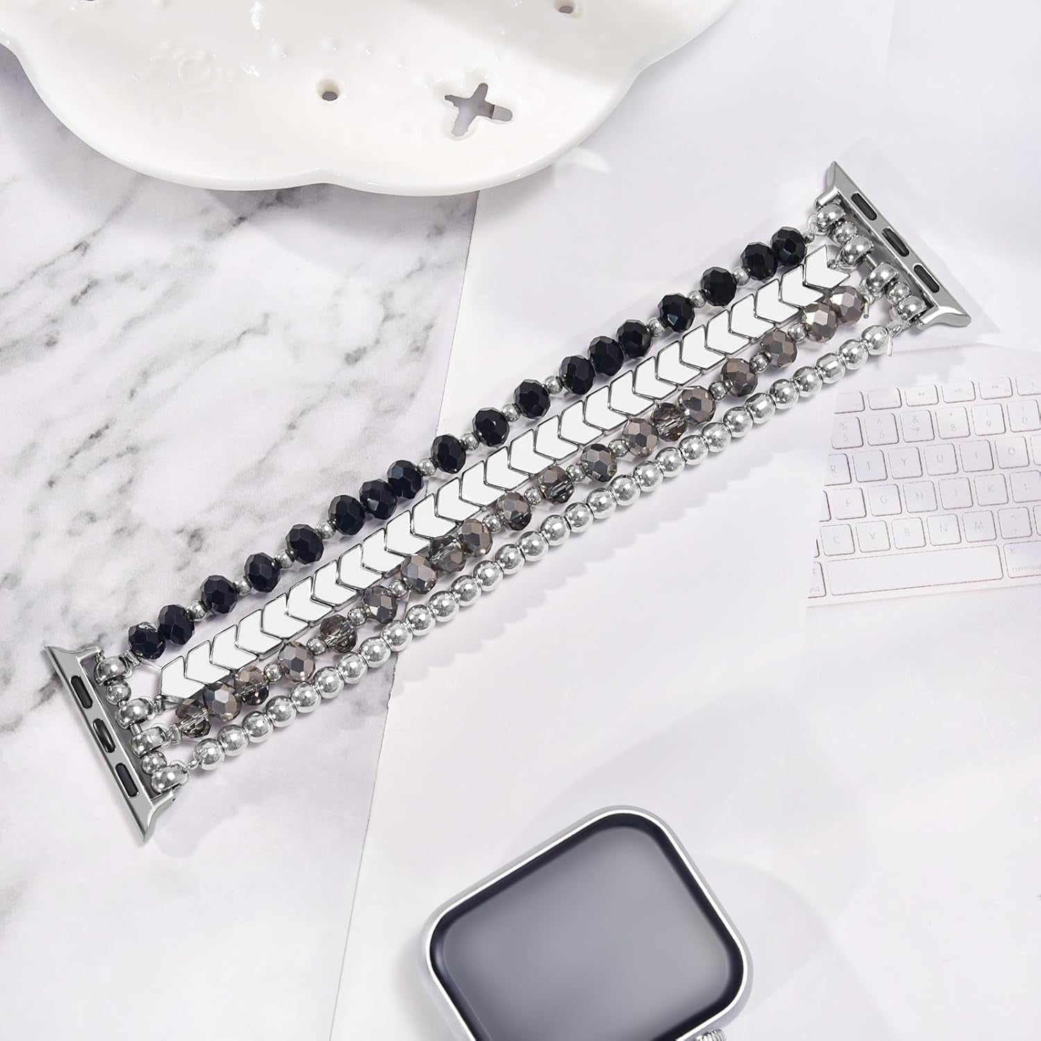 Beaded Bracelet Compatible with Apple Watch Band 38Mm/40Mm/41Mm Series 9/8/7/SE/6/5/4/3/2/1 Women Fashion Handmade Elastic Stretch Strap for Iwatch Bands Replacement