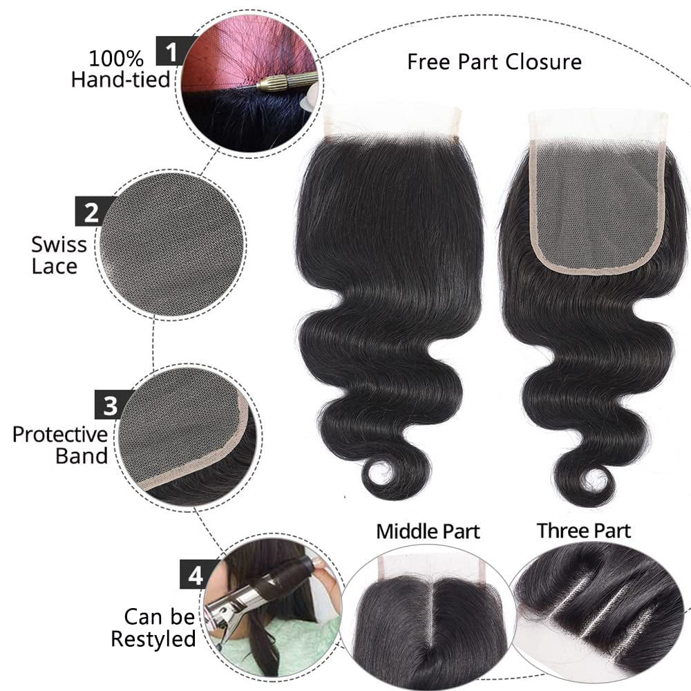 Body Wave Closure 4X4 Free Part Closure Brazilian Human Hair Closure Body Wave Lace Human Hair 100% Unprocessed Virgin Human Hair Weave Swiss Lace Closures with Baby Hair Natural Black(10Inch)