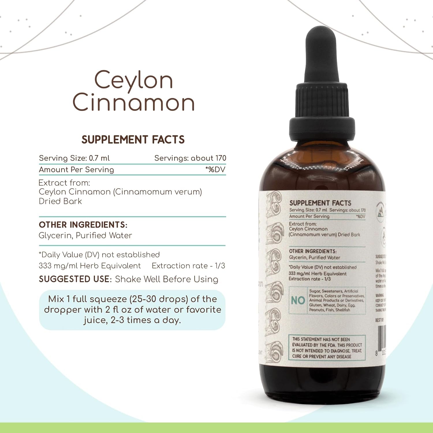 Ceylon Cinnamon B120 Alcohol-Free Herbal Extract Tincture, Concentrated Liquid Drops Natural Cinnamon (Cinnamomum Verum) (4 Fl Oz) TLBH