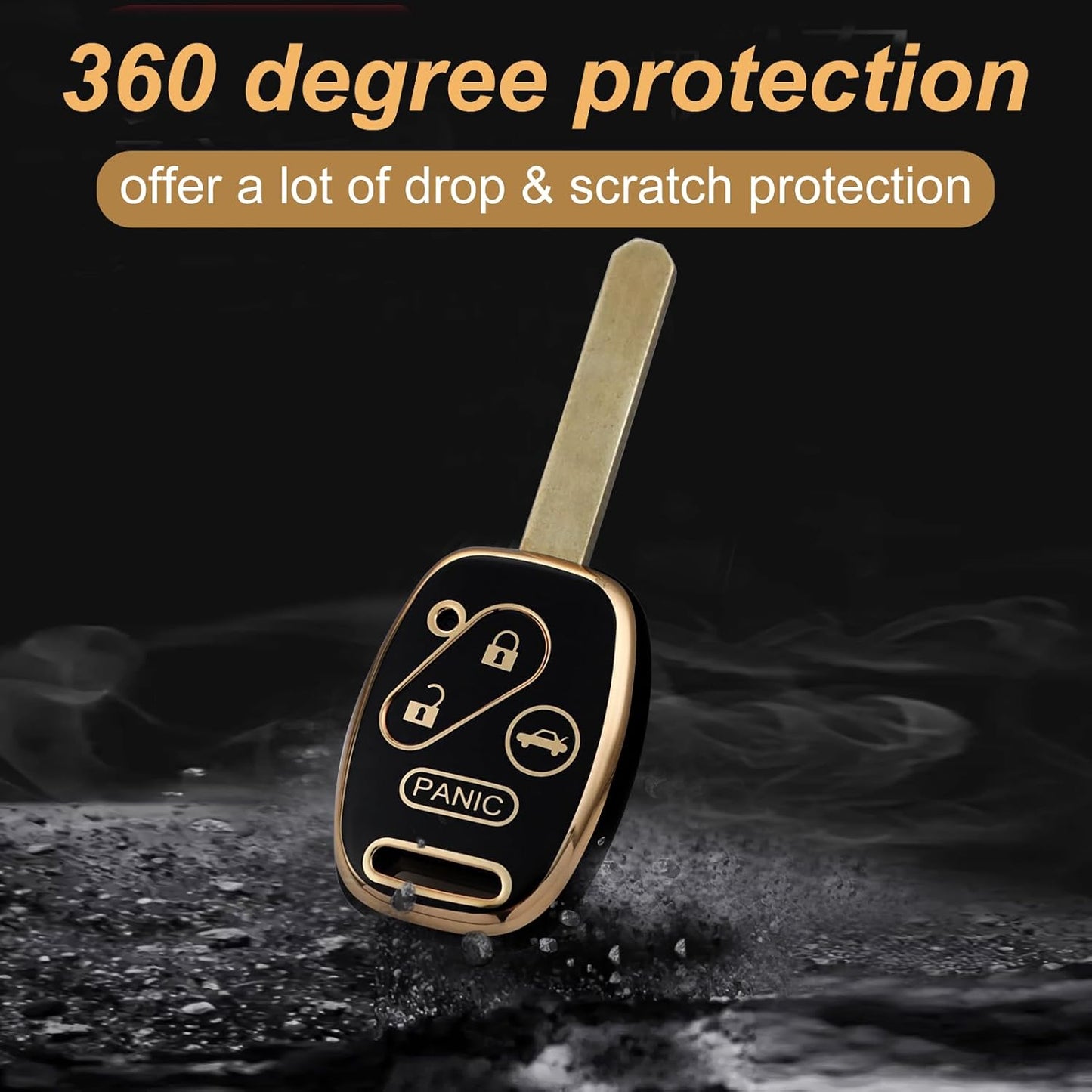 Key Fob Cover for Honda with Leather Keychain, Premium TPU Key Case Compatible with 2003-2015 Honda Accord Crosstour Civic EX CR-V Pilot Element Remote Smart Car Key Protector（Black）