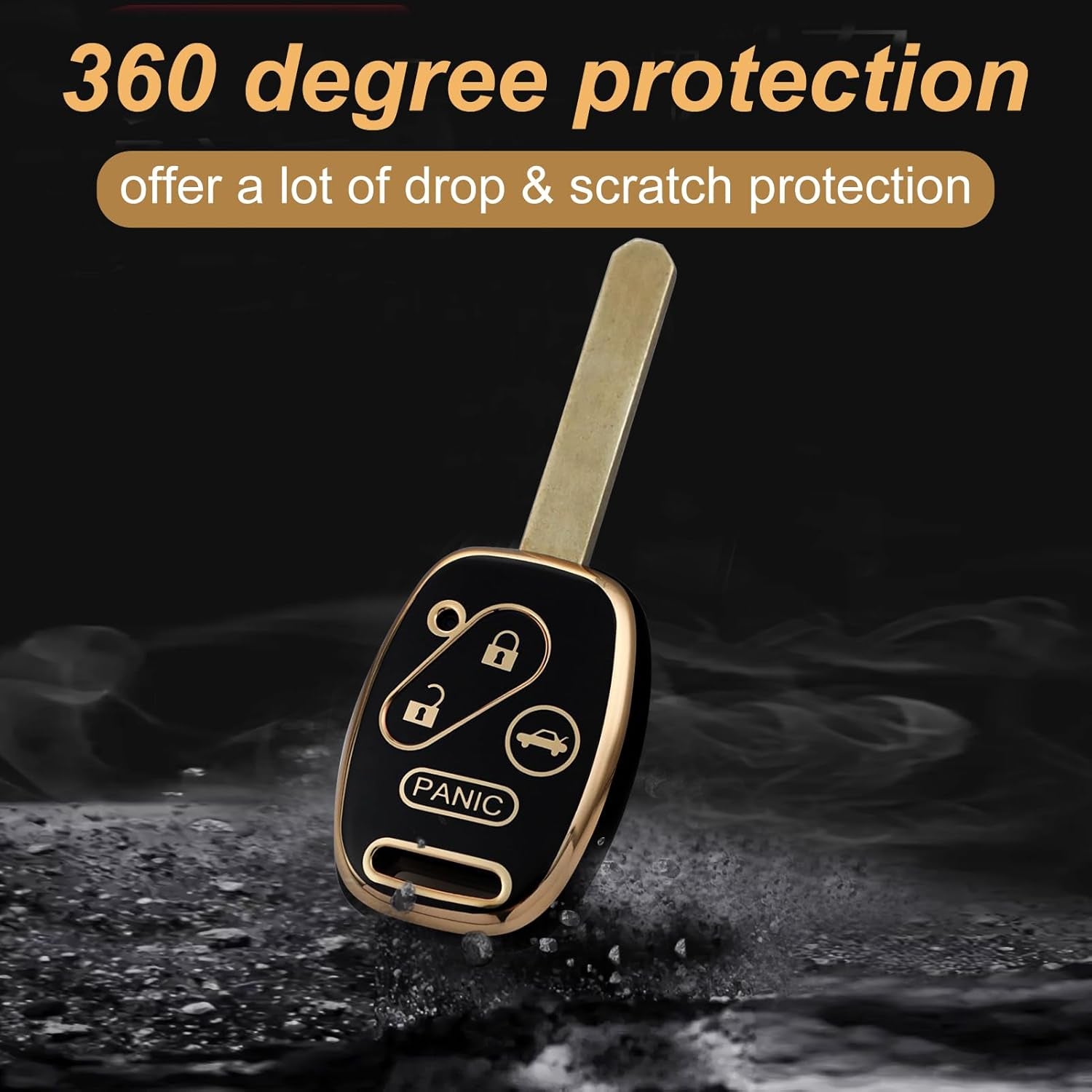 Key Fob Cover for Honda with Leather Keychain, Premium TPU Key Case Compatible with 2003-2015 Honda Accord Crosstour Civic EX CR-V Pilot Element Remote Smart Car Key Protector（Black）