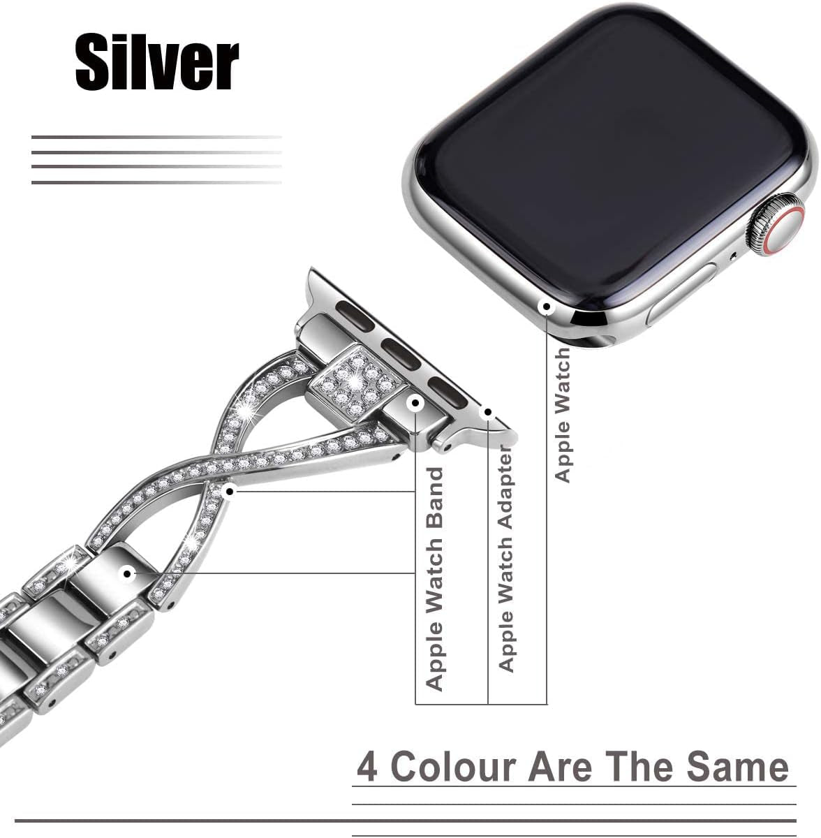Bands for Apple Watch 38Mm 40Mm 41Mm Women Series 9 8 7 6 5 4 SE Iwatch Band Bling Metal Bracelet Dressy Fancy Cute Strap Silver