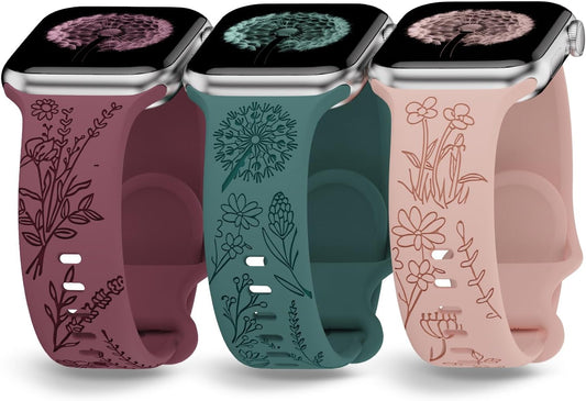 3 Pack Flower Engraved Bands Compatible with Apple Watch Band 38Mm 40Mm 41Mm 42Mm 44Mm 45Mm 49Mm Women