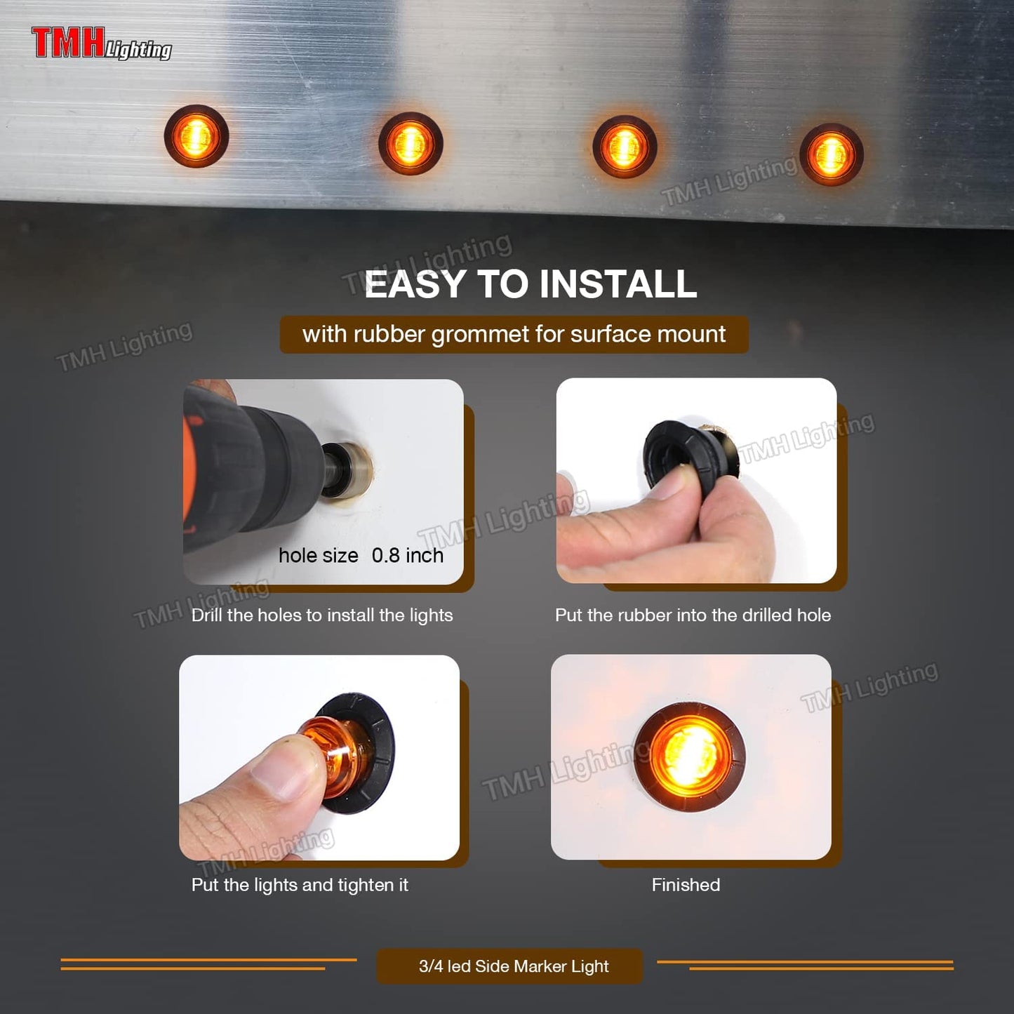 50 Pcs 3/4 Inch Mount Amber 3 LED Mini round Trailer Side Marker Indicator Lights Clearance Button Signal Lamps Universal for Trucks Lorry Boat Pickup Bus Caravan RV Waterproof Sealed Bulbs 12V DC