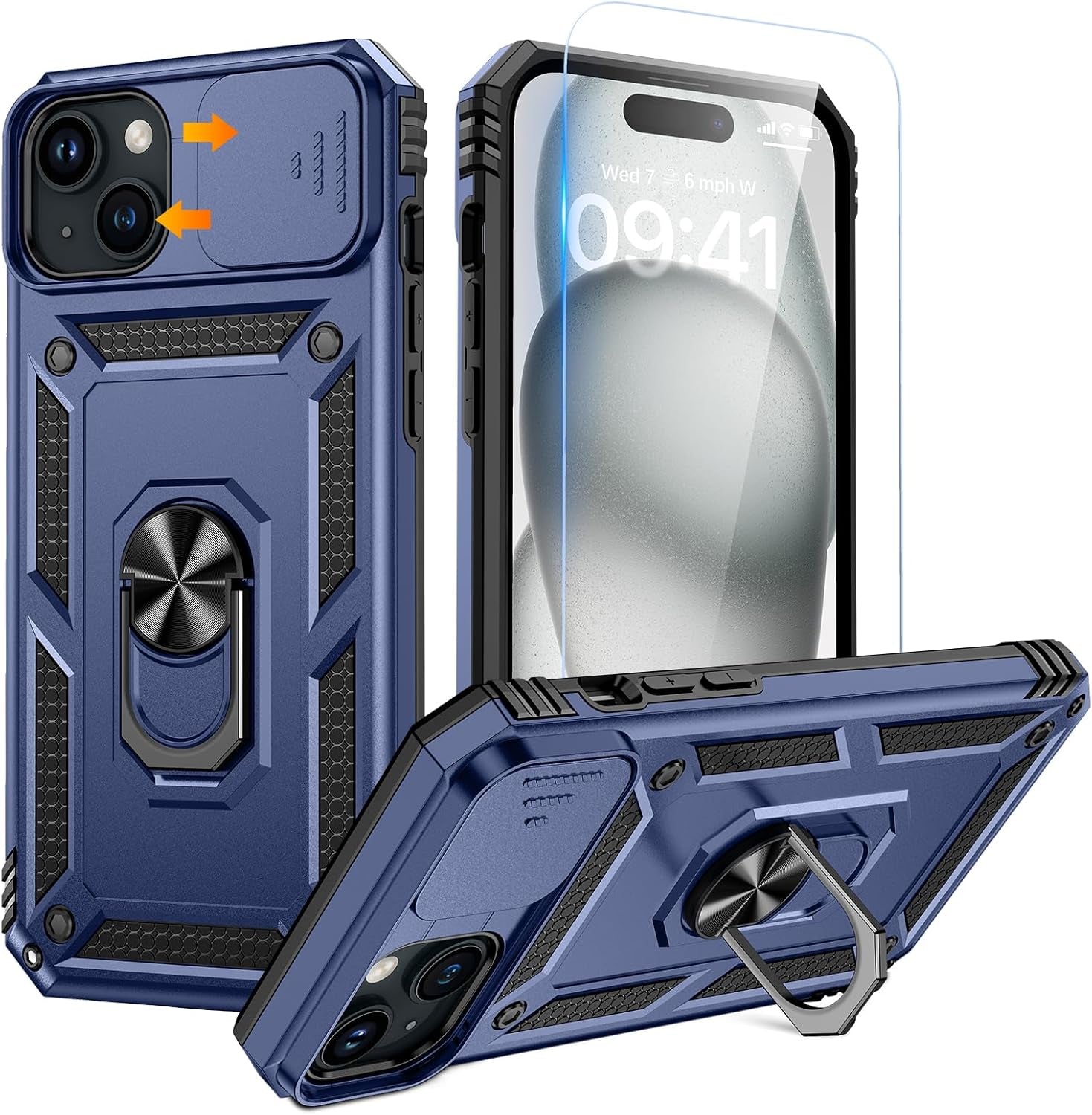 Compatible for Iphone 16 Case with Screen Protector - Slide Camera Cover Protective Phone Case with Ring Stand, Heavy Duty Shockproof Rugged Bumper for Iphone 16 Accessories Blue