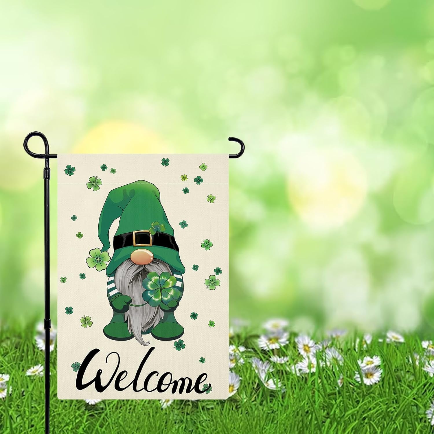 St Patricks Day Garden Flag Double Sided, Green Gnome Shamrocks Clover St.Patrick’S Day Garden Flag Yard Flag for Holiday Outdoor Decoration 12X18 Inch