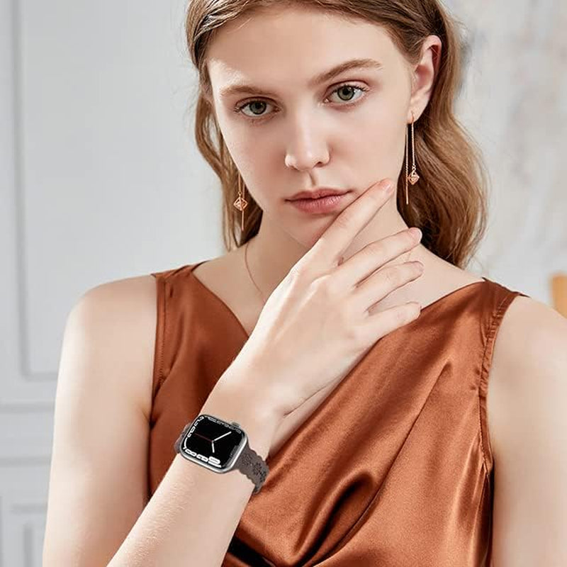 Floral Silicone Band Compatible with Apple Watch Bands 38Mm 40Mm 42Mm 44Mm 41Mm 45Mm 49Mm Women Men, Slim Hollow-Out Design Wristbands Soft Sport Breathable Watch Bands for Iwatch Ultra SE Series 9/8/7/6/5/4/3/2/1