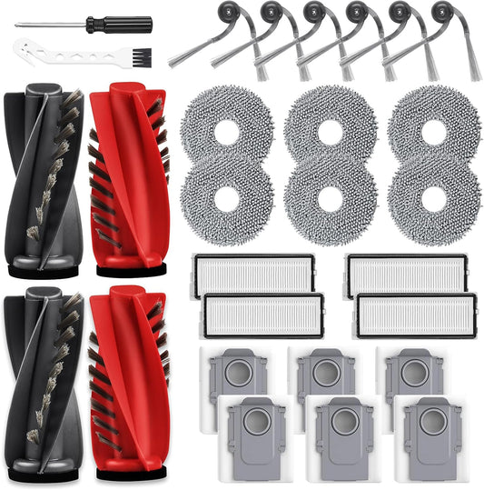 28 Pack Replacement Accessories for Roborock Qrevo Curv/Qrevo Edge Robot Vacuum Cleaner, 2 Pairs Main Brush 4 Filter 6 Dust Bags 6 Mop Pads 6 Side Brush 1 Cleaning Brush 1 Screwdriver