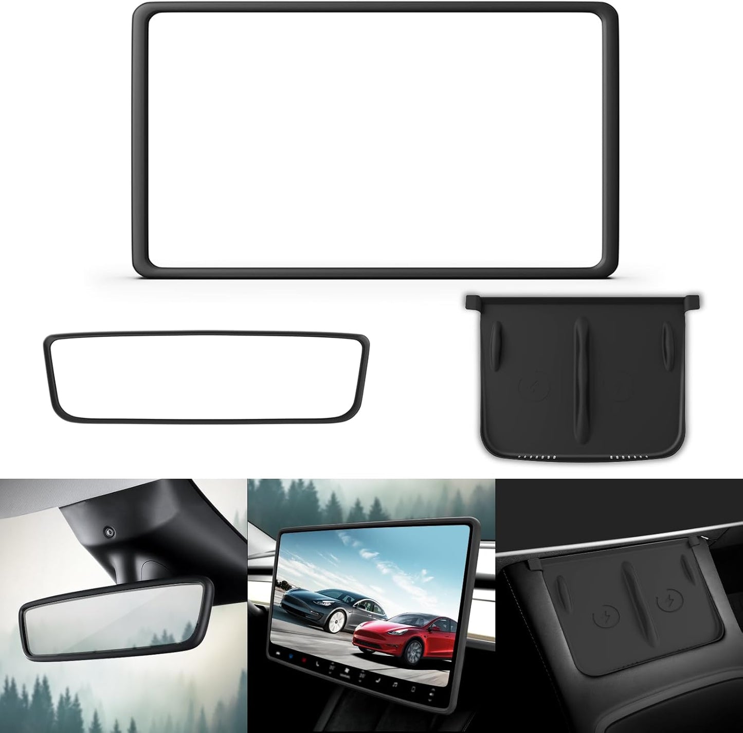 Center Console Wireless Charger Mat,Screen and Rearview Mirror Protector Frame,Anti-Slip Silicone Protector for Tesla 2021-2023 Model 3 and 2021-2024 Model Y Accessories(3 PCS Black)