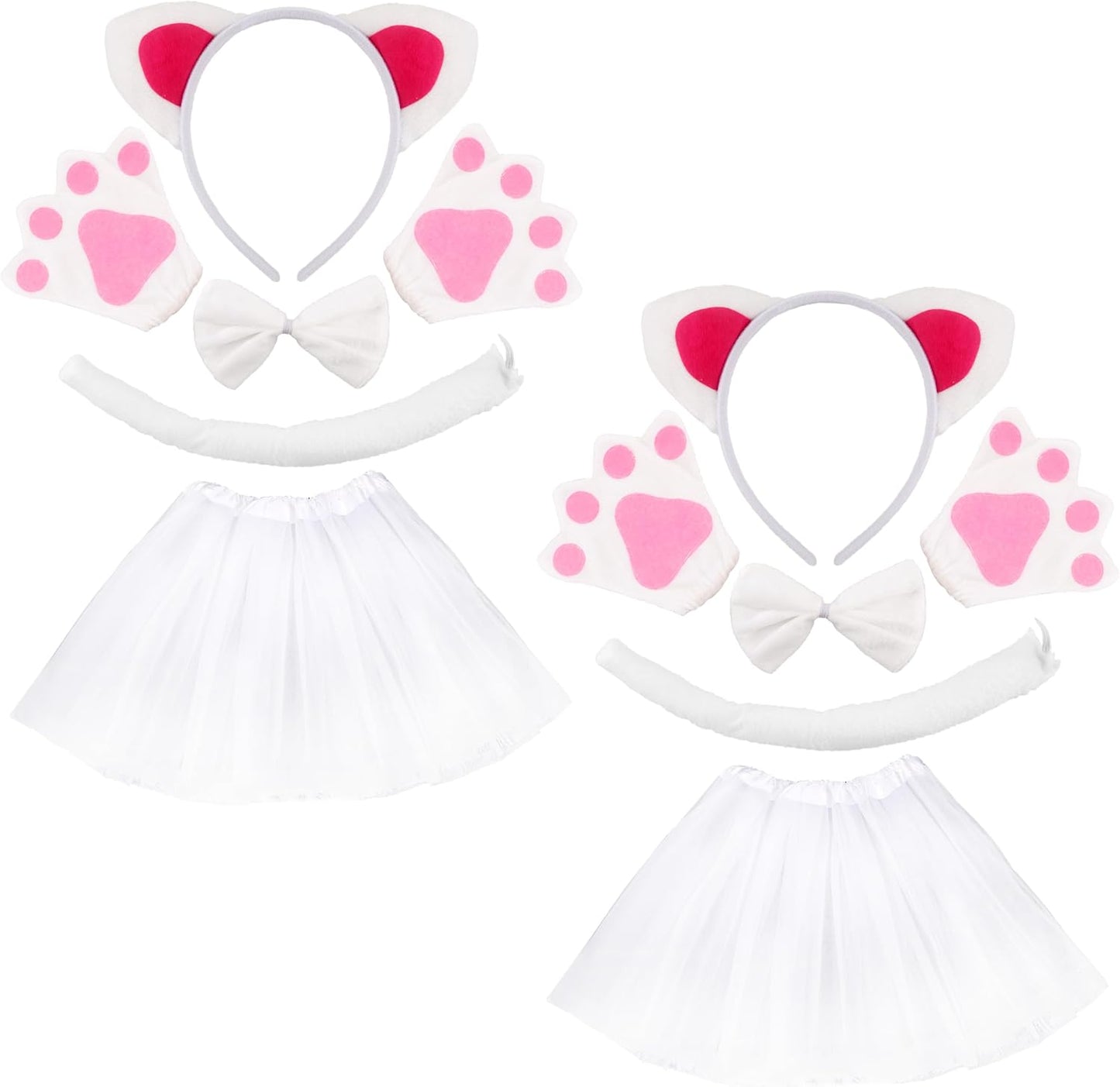 10 Pieces Kids Cat Costume White Cat Cosplay Cat Ear Headband Tail Bowtie Paws and Tutu for Halloween Dress up Party Supplies