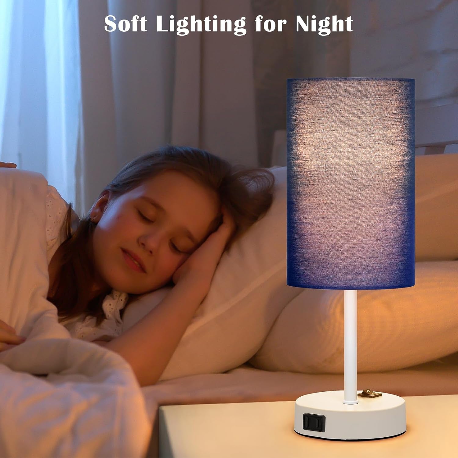 Table Lamp for Bedroom Set of 2, Bedside Small Lamps with 3 Way Dimmable Rocker Switch and AC Outlet, Nightstand Desk Lamp with Blue Fabric Shade White Base for Living Room Home Decor Lights