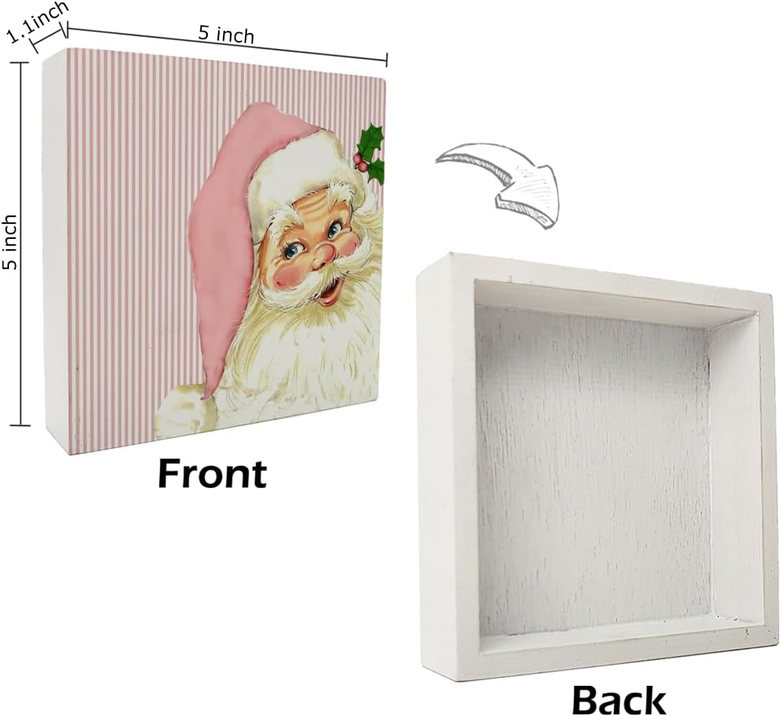 Pink Retro Santa Christmas Wooden Box Signs,Pink Christmas Sign,Santa Clause Christmas Decorations,Pink Christmas Decorations,Christmas Signs,Christmas Signs for Home Decor 5X5 Inch