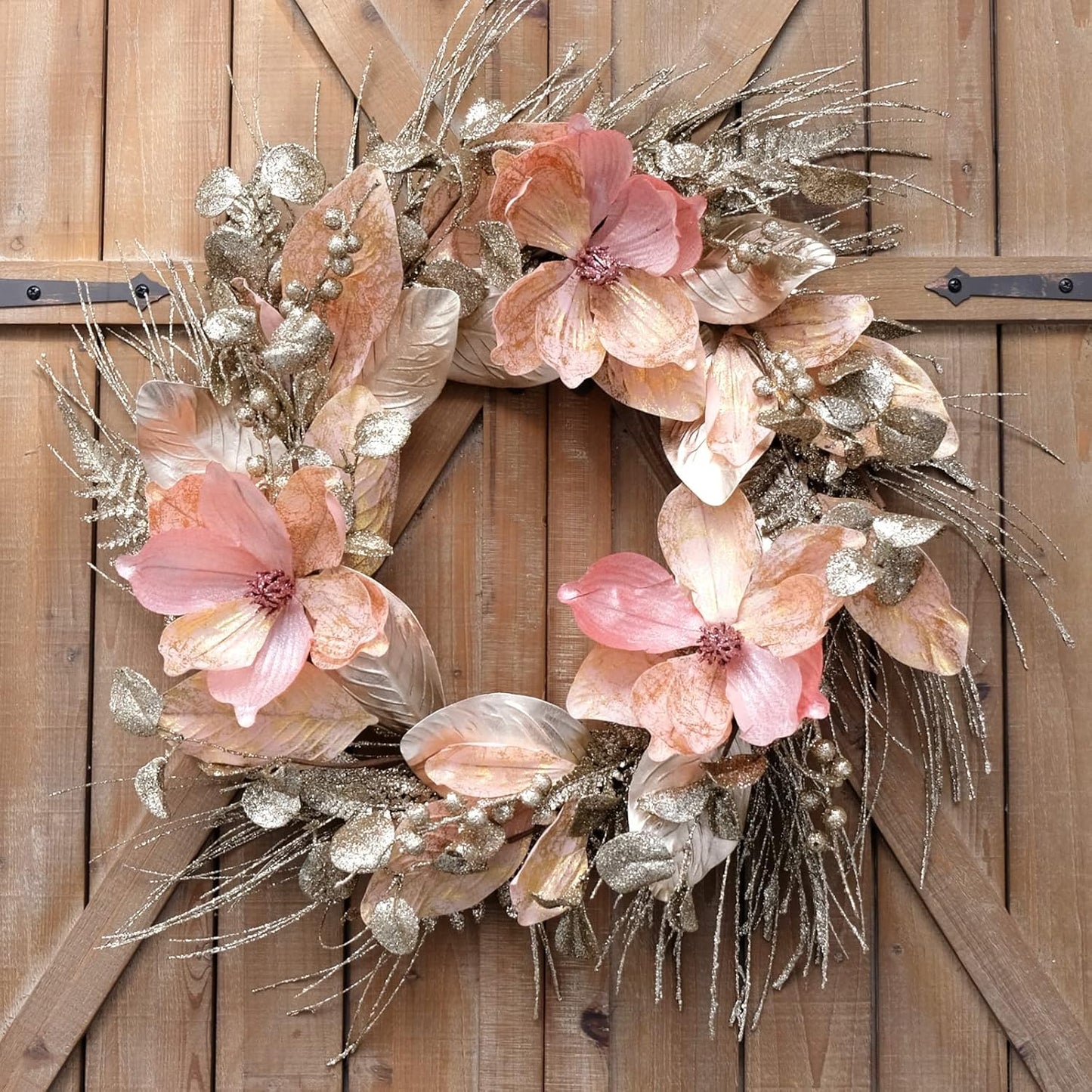 18 Inch Winter and Christmas Magnolia Flowers Gold Glitter Wreath for Home and Front Door Decor, Pink and Gold Magnolia Flower Wreath for Indoor