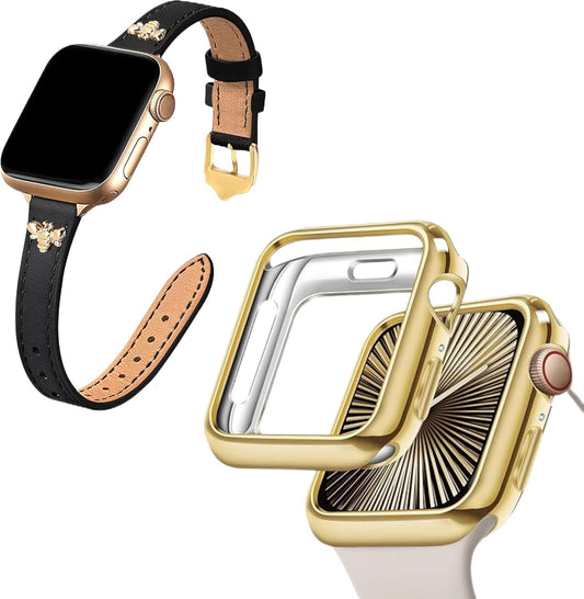 Slim Leather-Bands and 44Mm Soft Flexible TPU Case Touchable Screen Lightweight Anti-Scratch All-Around Protector Thin Guard Shockproof Cover Shiny Bumper for Iwatch, Gold