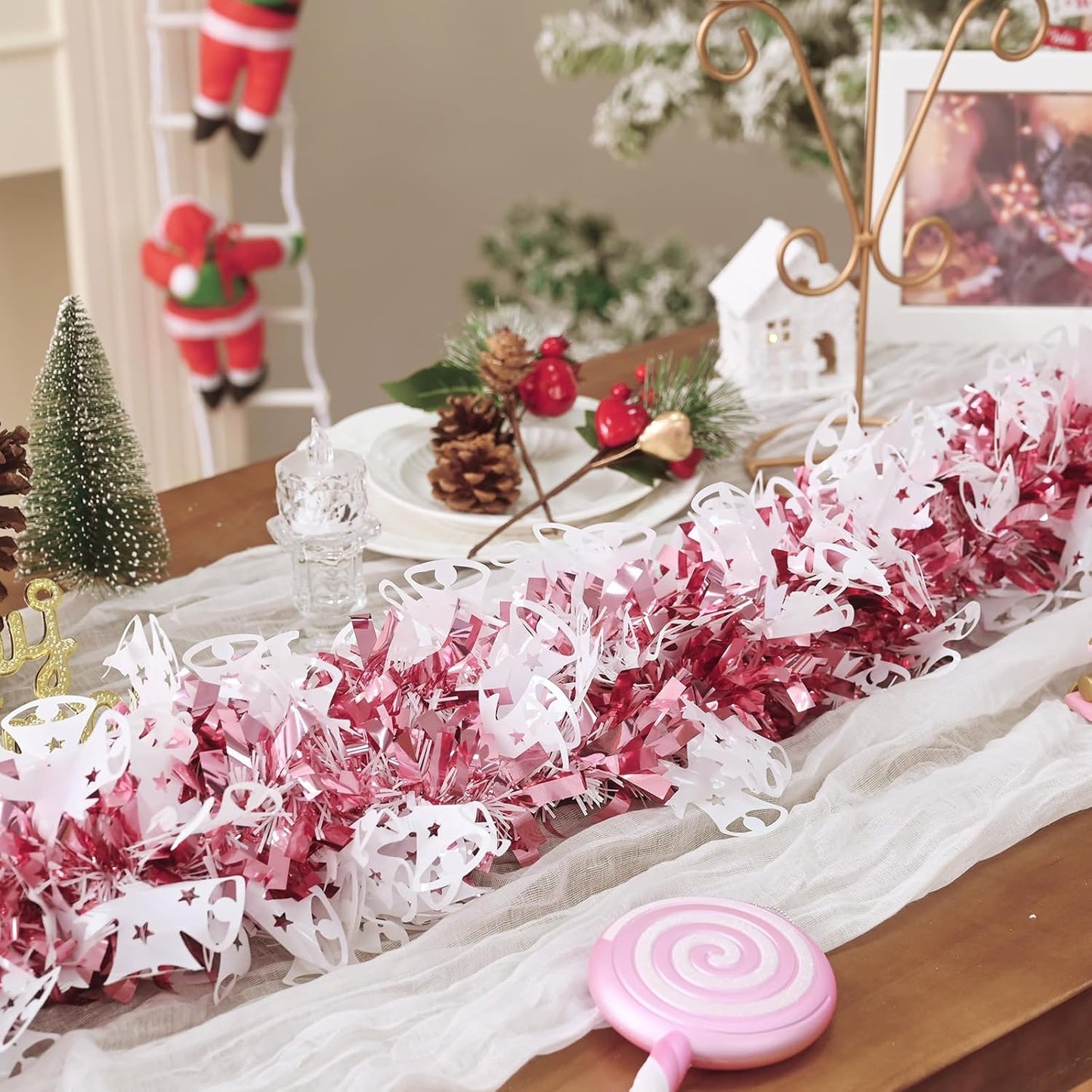 Mega-L Christmas Tinsel Garland Decorations, 26.25Ft Pink and White Jingling Bell Glittery Hanging Pink Xmas Decor for Holiday New Year Birthday Party Supplies Home Tree Mantel Women Indoor Outdoor