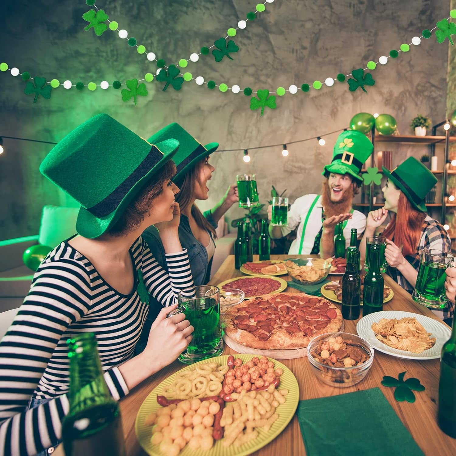 8.2Ft St. Patrick'S Day Felt Pom Pom Banner Lucky Shamrock Garland Green White Pom Ball Clover Decorative Irish Hanging Bunting Garland for St. Patrick'S Day Home Mantel Wall Decor