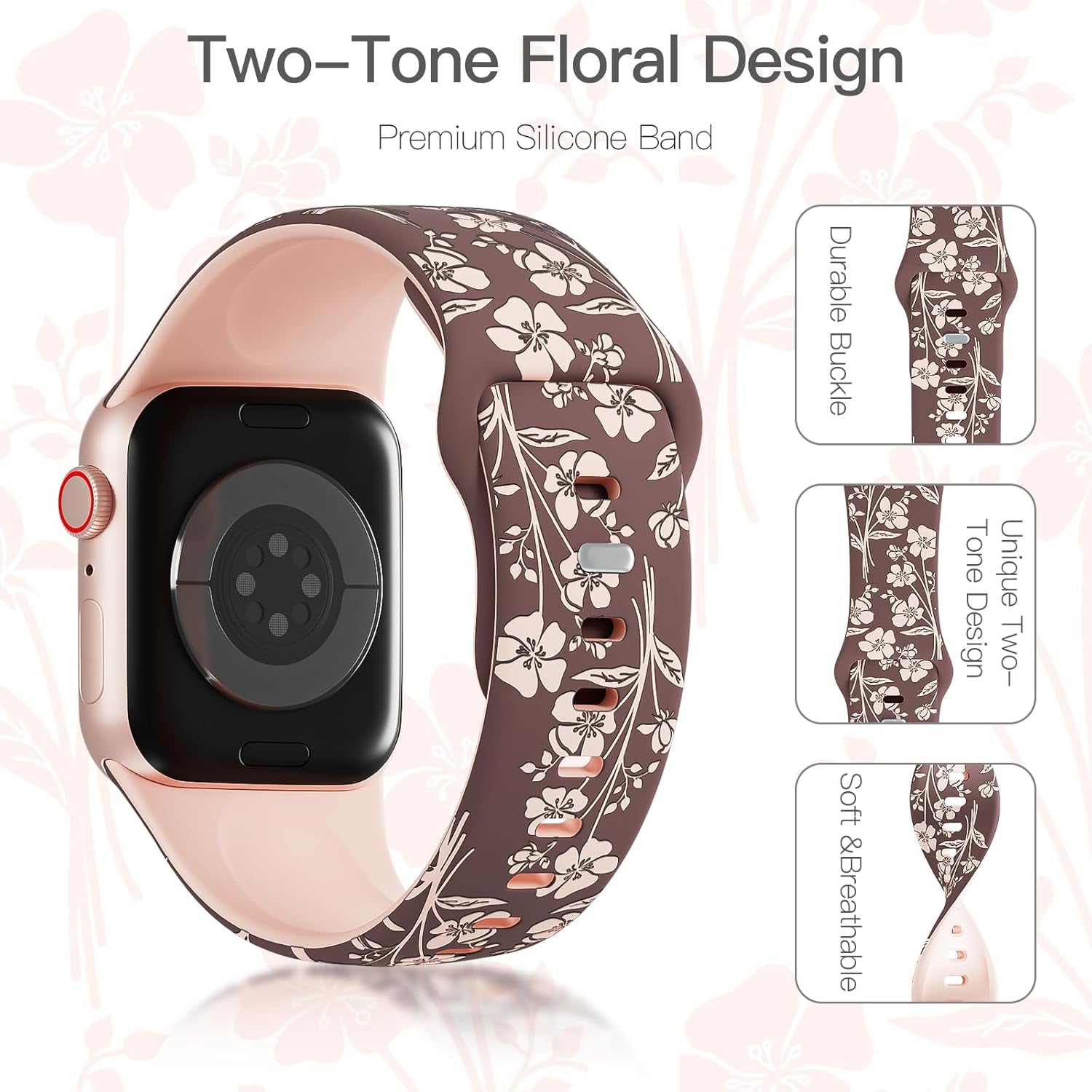 Floral Engraved Silicone Bands Compatible with Apple Watch Band 38Mm 40Mm 41Mm 42Mm 44Mm 45Mm 49Mm for Women, Two-Tone Flower Sport Soft Strap for Iwatch Series 9/Ultra/8/7/Se/6/5/4/3/2/1