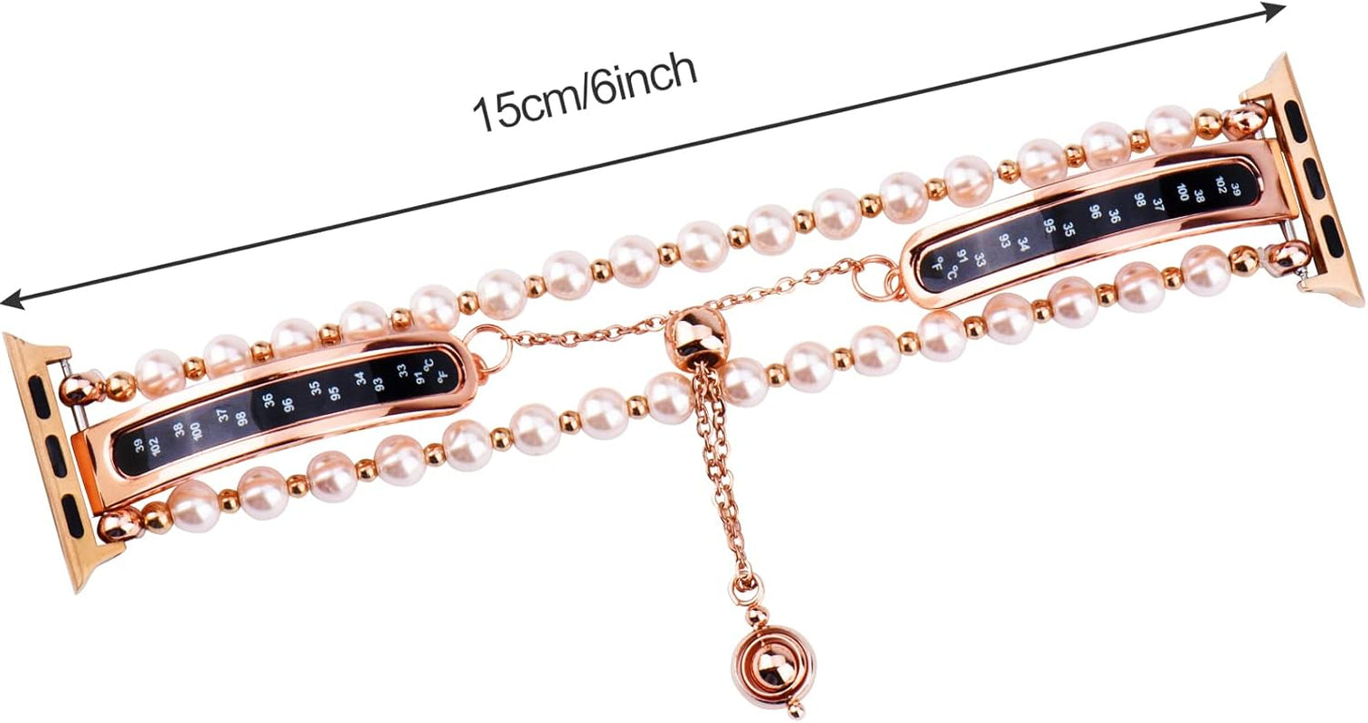 Beads Pearl Apple Watch Band Compatible for Iwatch Ultra Series SE 8 7 6 5 4 3 Jewelry Bracelet Watch Band with Thermometer Pendant Charm (38Mm/40Mm/41Mm, Rose Gold)