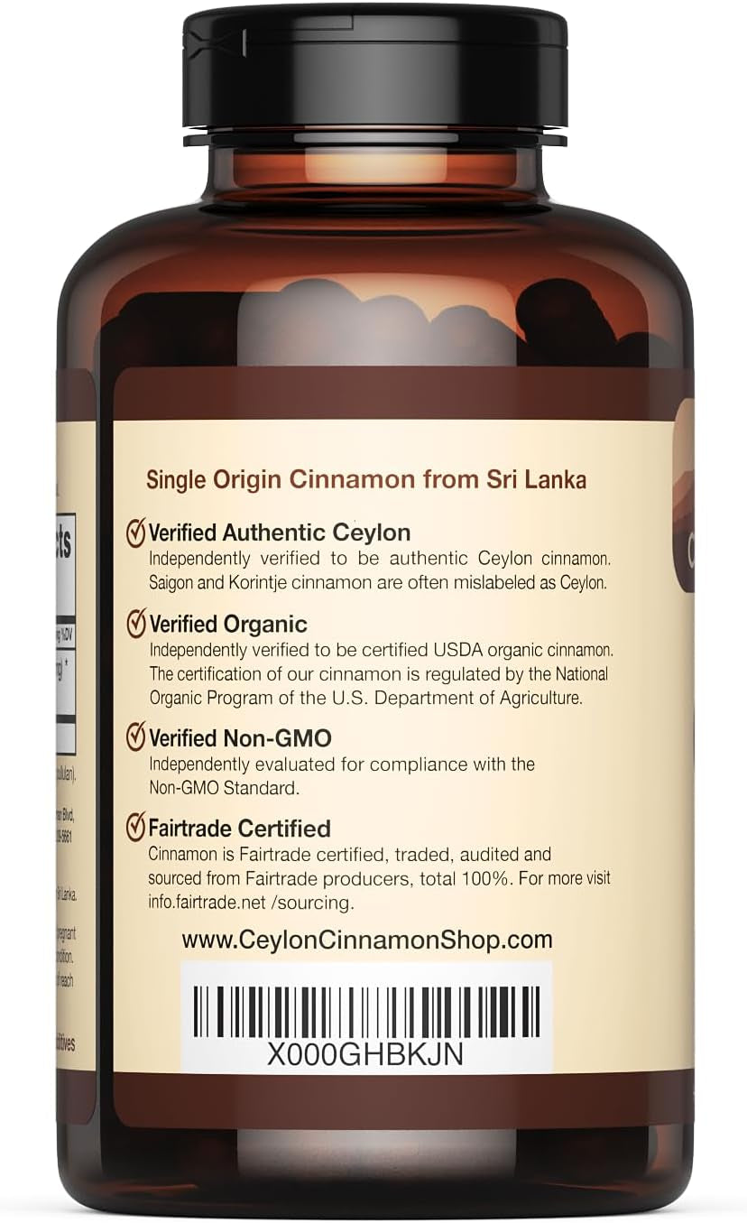 Organic Ceylon Cinnamon (100% Certified) Supplement, 180 Capsules, 3 Month Supply TLBH