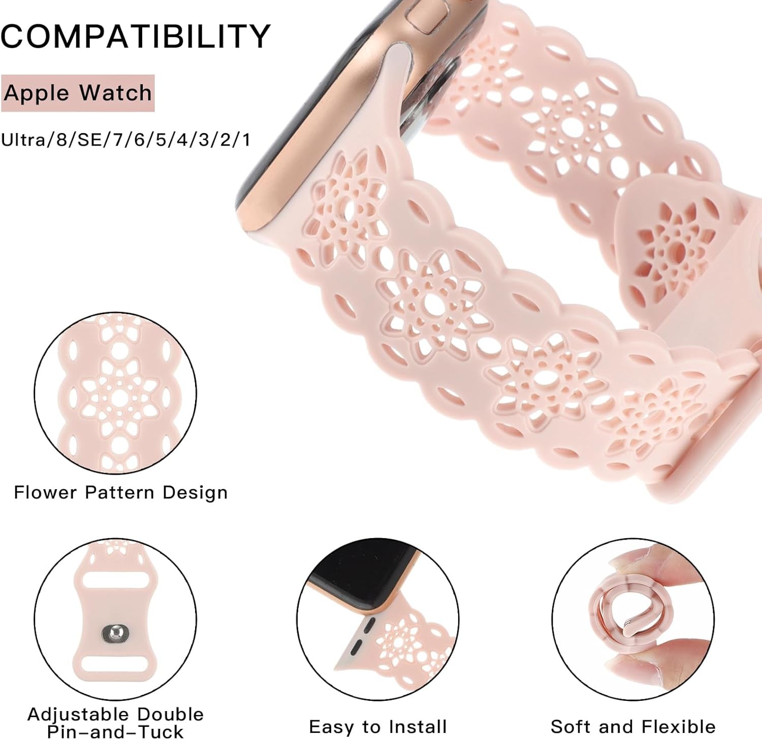 Floral Silicone Bands Compatible with Apple Watch Bands 40Mm 41Mm 38Mm 42Mm 44Mm 45Mm 49Mm Women Hollow-Out Soft Sport Strap Replacement Wristband for Iwatch Series 9 Ultra 8 SE 7 6 5 4 3 2 1