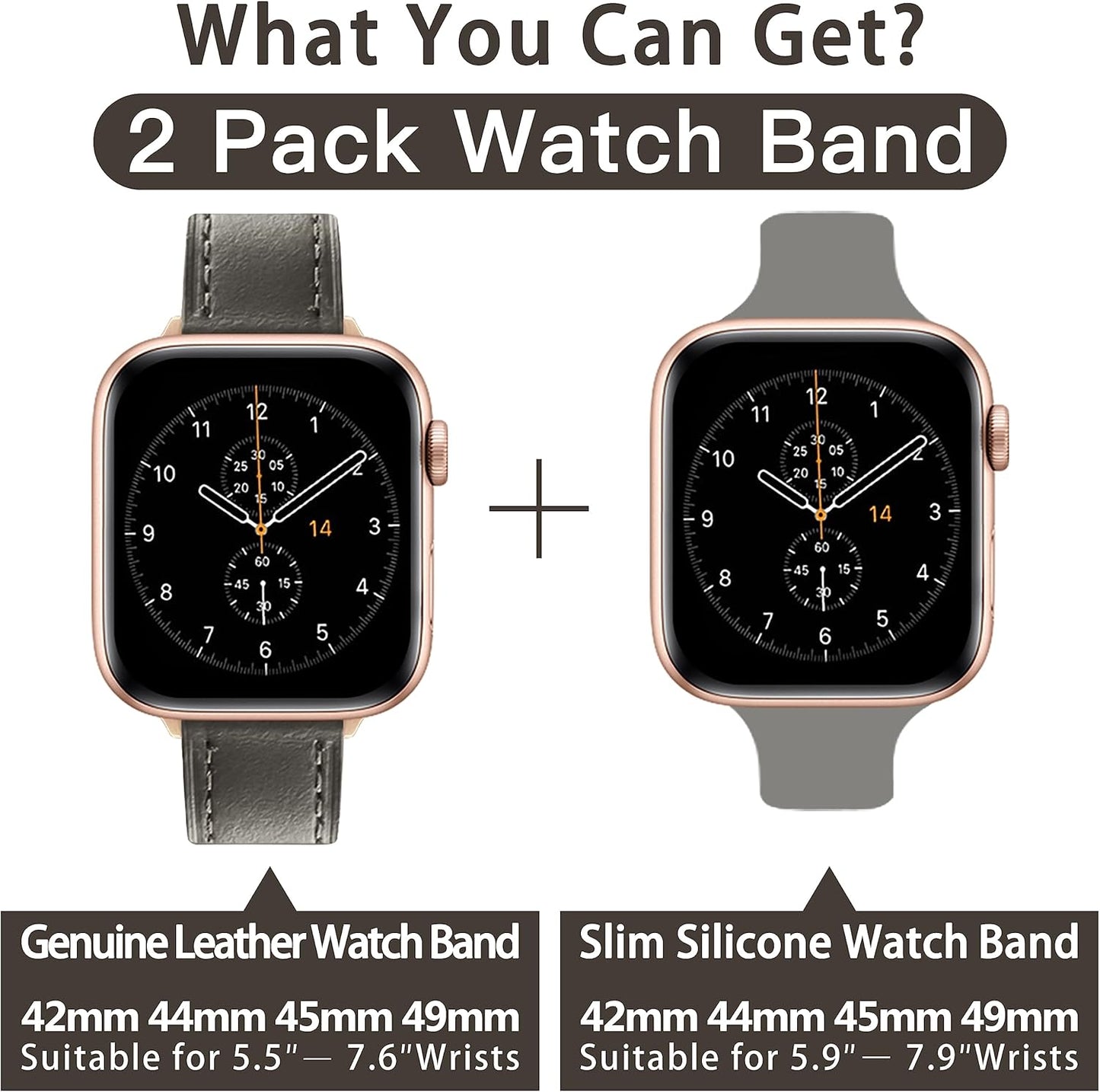 Slim Leather Watch Bands Compatible with Apple Watch Band 38Mm 40Mm 41Mm 42Mm 44Mm 45Mm 49Mm,Top Grain Leather Band Slim & Thin Replacement Wristband for Iwatch Ultra Series 8 7 6 5 4 3 2 1 SE (2 Pack Watch Band)
