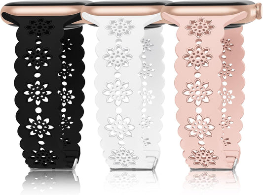 Floral Silicone Band Compatible with Apple Watch Bands 38Mm 40Mm 42Mm 44Mm 41Mm 45Mm 49Mm Women Men, Slim Hollow-Out Design Wristbands Soft Sport Breathable Watch Bands for Iwatch Ultra SE Series 9/8/7/6/5/4/3/2/1