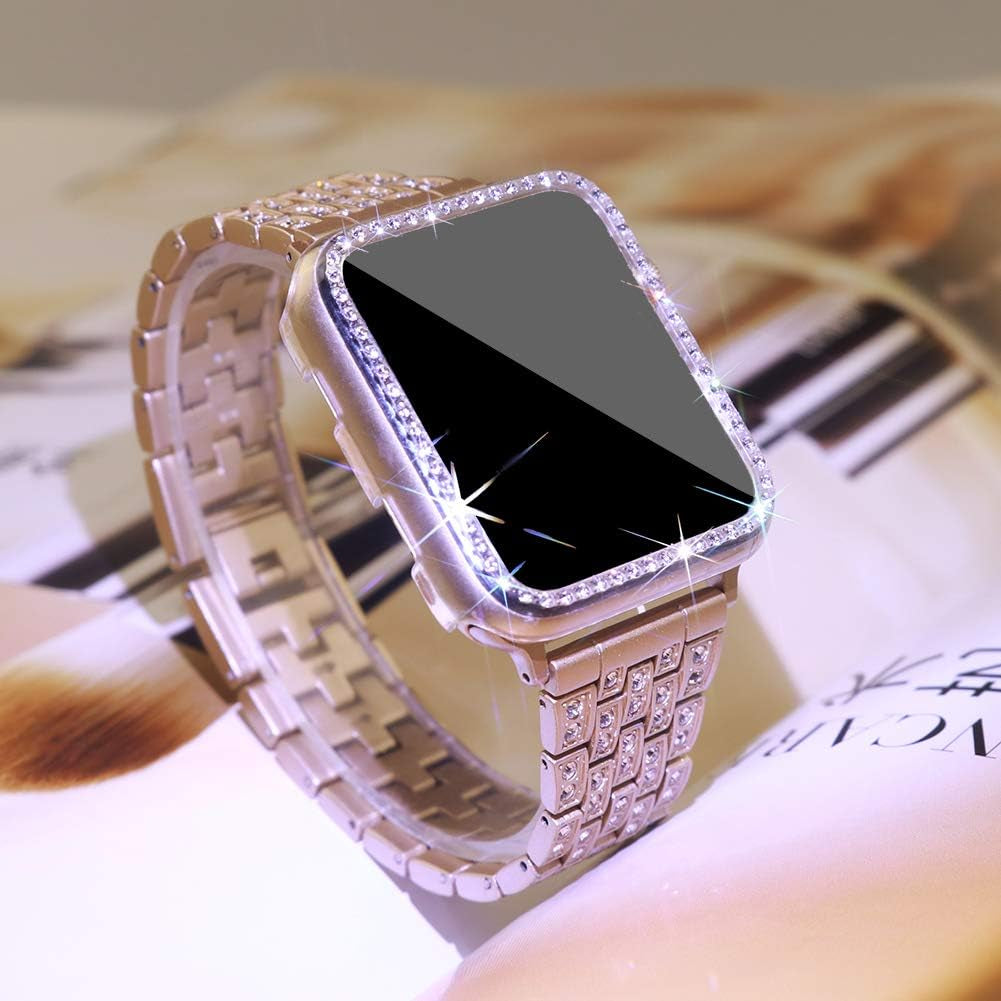 Compatible with Apple Watch Band 38Mm 40Mm 41Mm 42Mm 44Mm 45Mm 49Mm+ Case, Women Jewelry Bling Diamond Rhinestone Replacement Metal Strap& 2 Pack PC Protector Case for Iwatch Ultra 2/ Ultra Series 9/8/7/6/5/4/3/2/1/SE