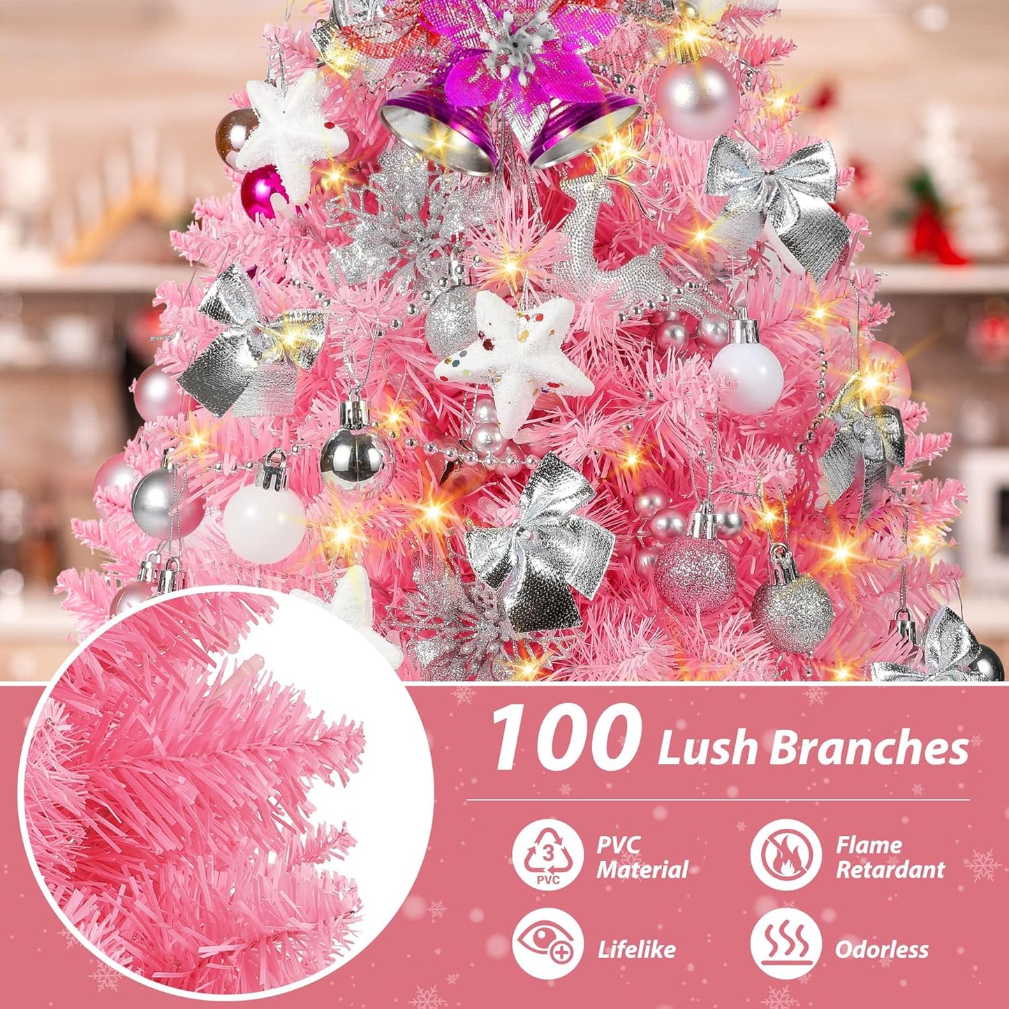 2FT Pink Christmas Tree, Mini Tabletop Christmas Tree with 60 LED Lights, Small Prelit Artificial Christmas Tree, 100 Branch Tips, 70 DIY Ornaments, Pink Christmas Decorations