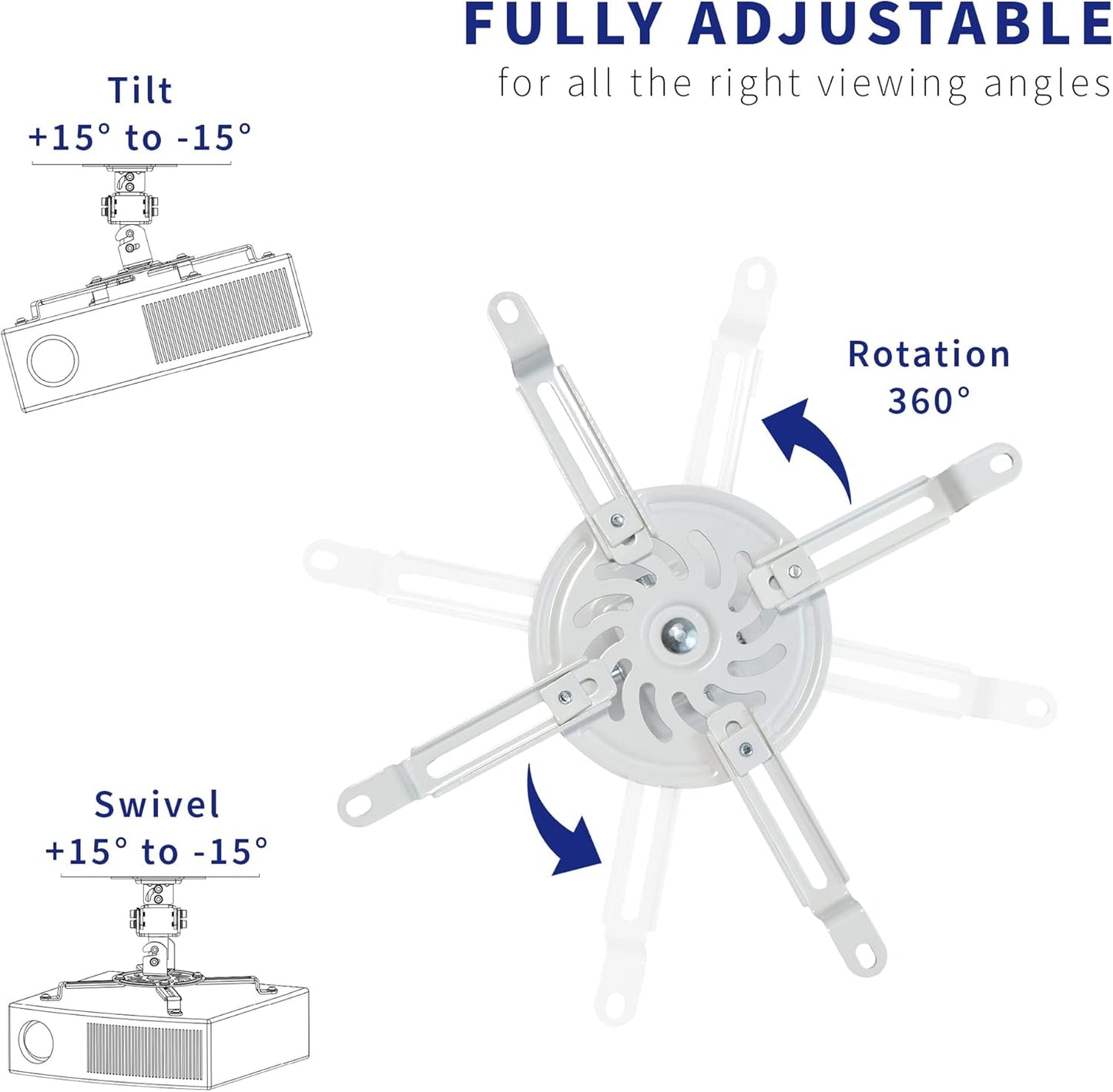 Universal Adjustable Ceiling Projector Mount for Regular and Mini Projectors with Extending Arms, White, MOUNT-VP01W