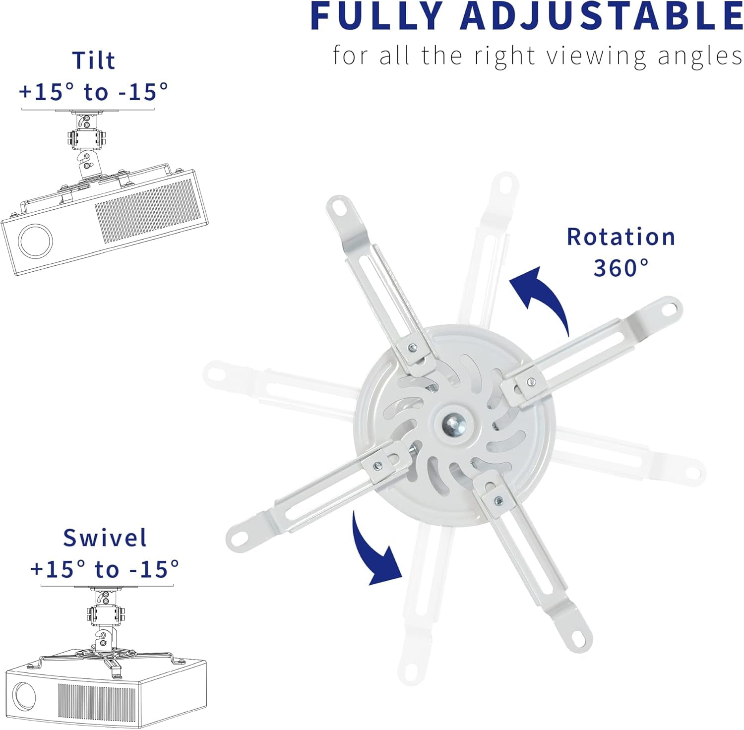Universal Adjustable Ceiling Projector Mount for Regular and Mini Projectors with Extending Arms, White, MOUNT-VP01W