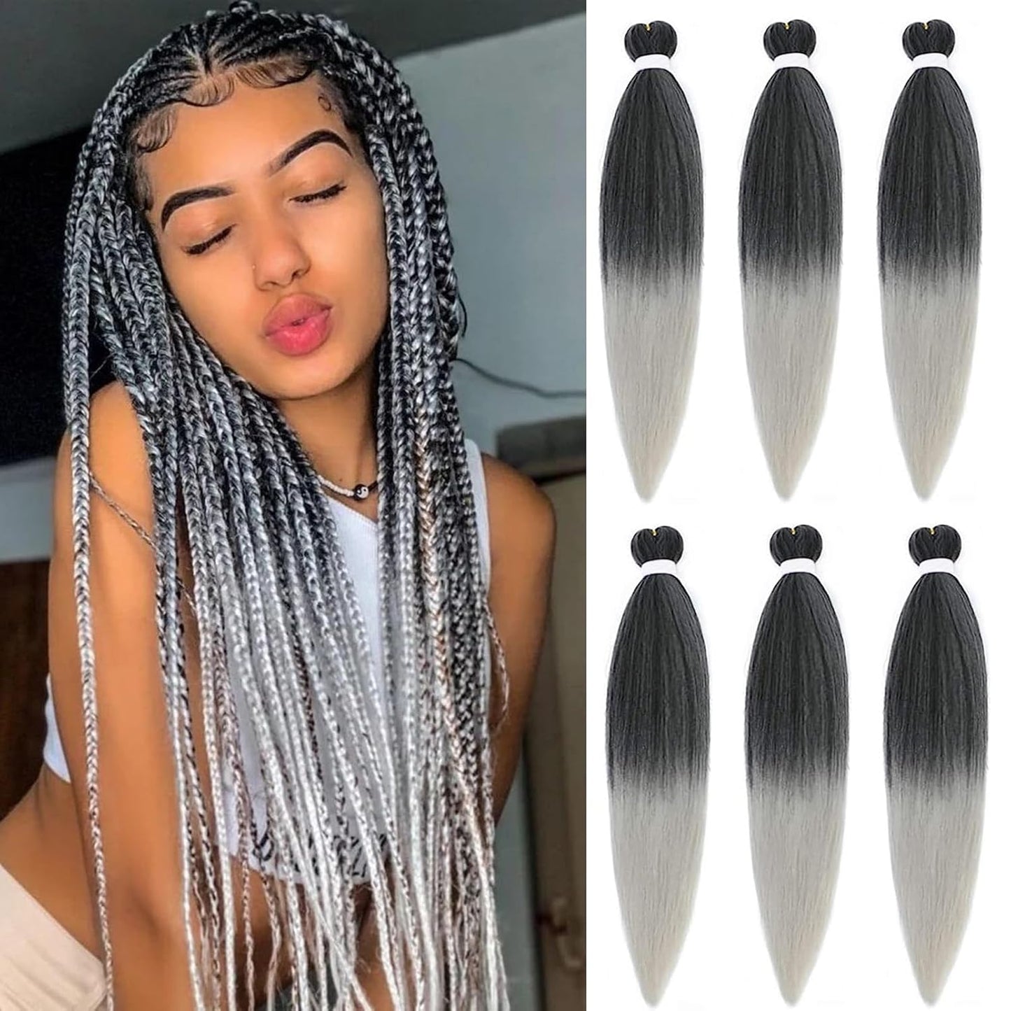 Ombre Braiding Hair Pre Stretched 26Inch 6Packs Silver Pre Stretched Braiding Hair Long Straight Kanekalon Braiding Hair Yaki Synthetic Hair for Braiding 1B/Silver