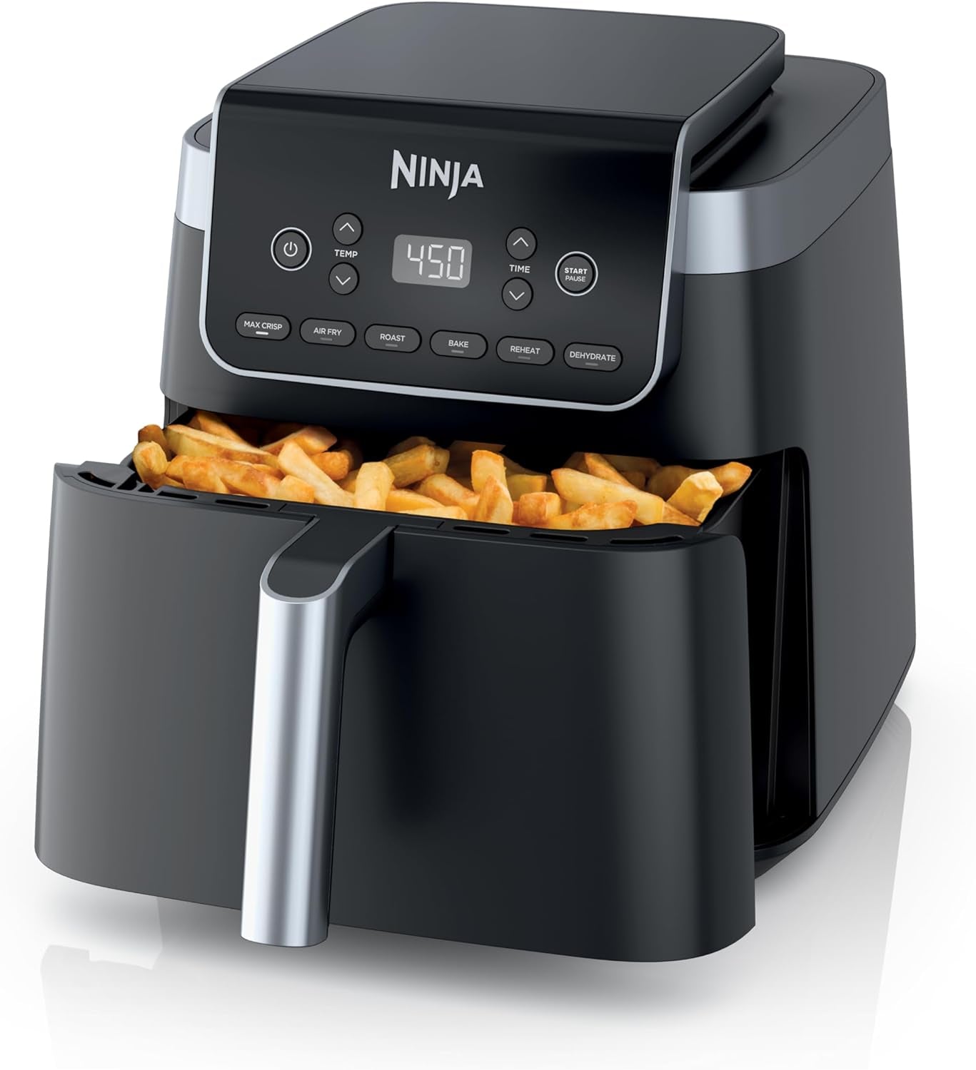 Air Fryer Pro 4-In-1 with 5 QT Capacity, Air Fry, Roast, Reheat, Dehydrate, Air Crisp Technology with 400F for Hot, 120 Volts, Nonstick Basket & Crisper Plate, Grey, AF141