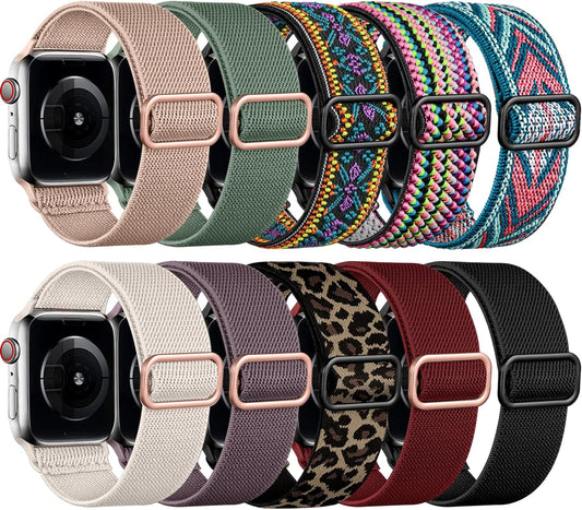 10 Pack Stretchy Solo Loop Compatible with Apple Watch Band 38Mm 40Mm 41Mm 42Mm 44Mm 45Mm 49Mm Women Men, Soft Nylon Adjustable Elastic Braided Straps for Iwatch SE Series 9/8/7/6/5/4/3/2/1/Ultra/Ultra 2