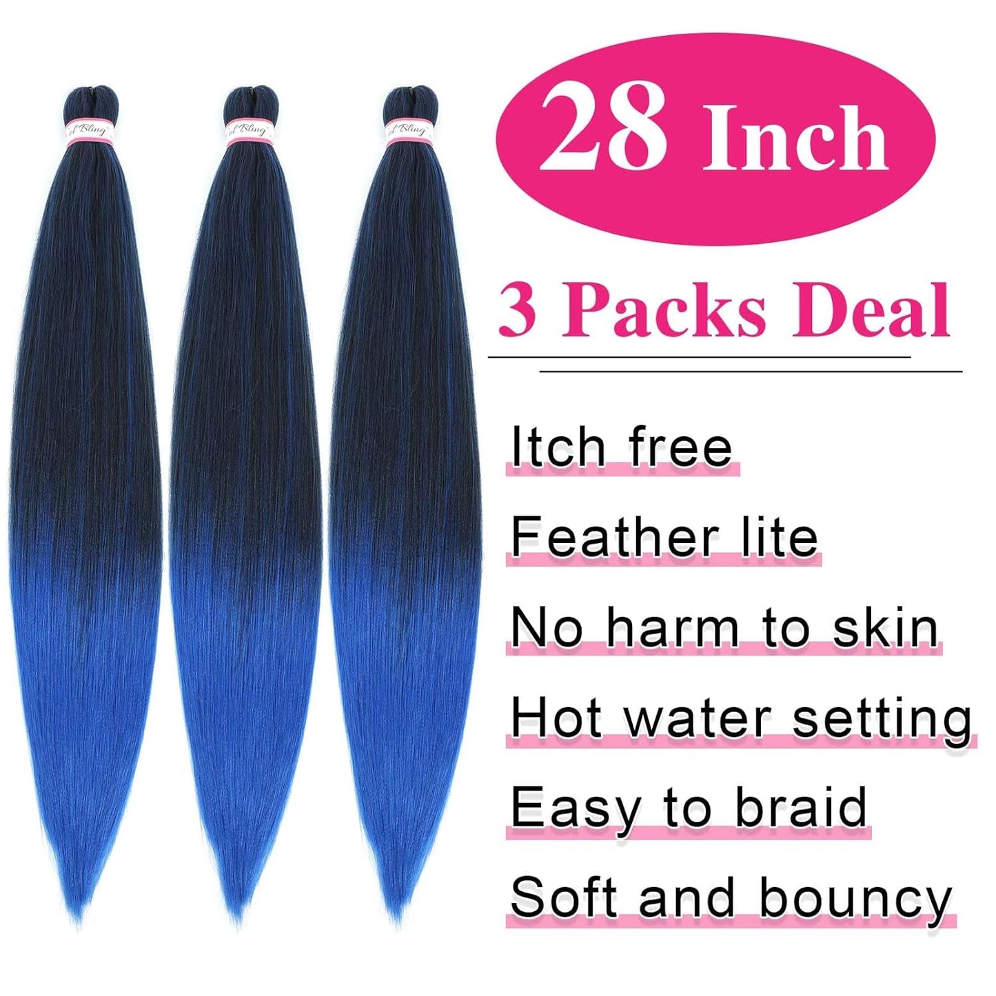 Braiding Hair Pre Stretched 28 Inch 3 Packs Braiding Hair Yaki Texture Prestretched Crochet Hair Braids 1B/Blue