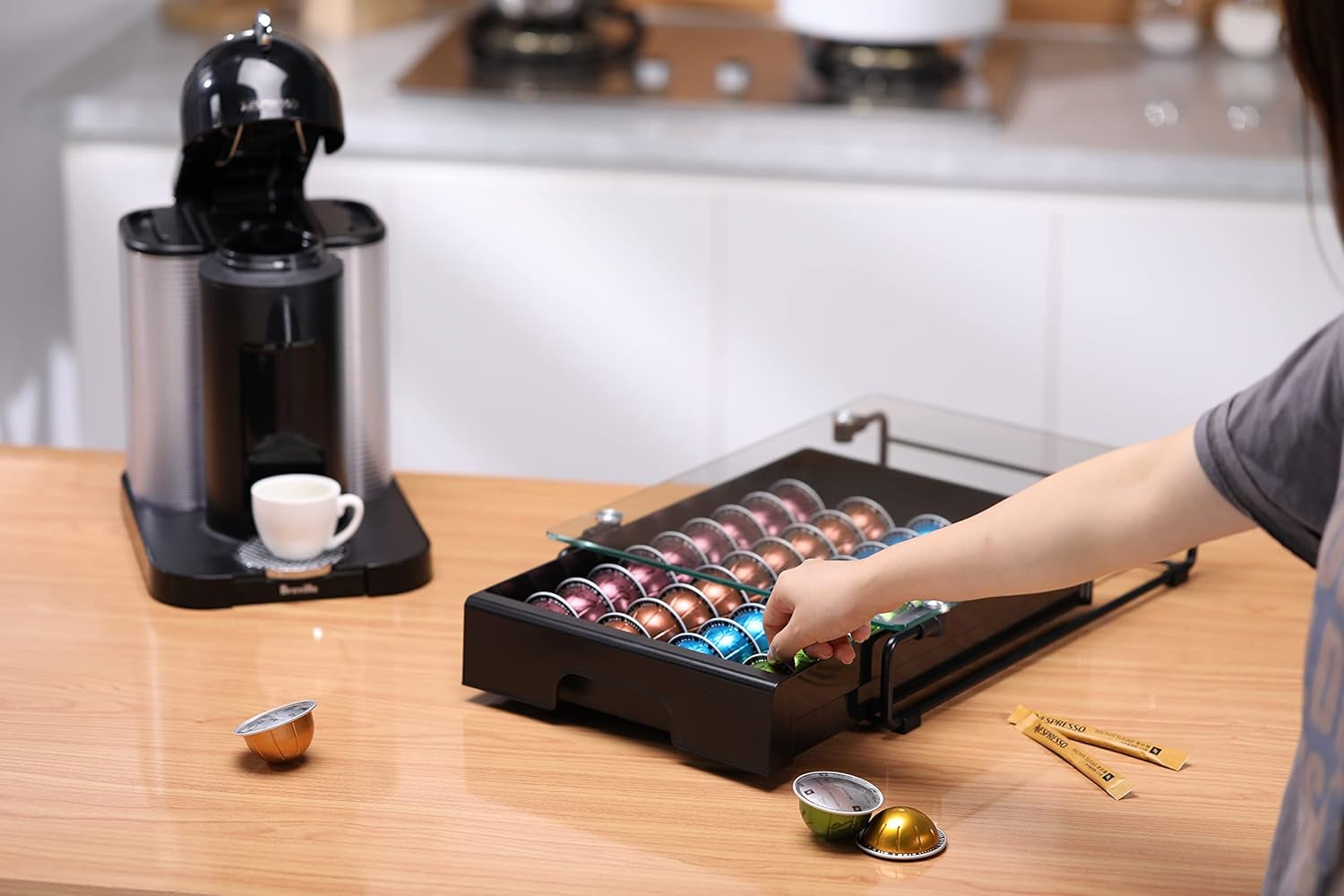 Crystal Tempered Glass Organizer Drawer Holder Compatible with Nespresso Vertuo Capsules, Compatible with 40 Big or 52 Small Vertuoline Pods, 12'' Wide by 15.6'' Deep by 3.5'' High