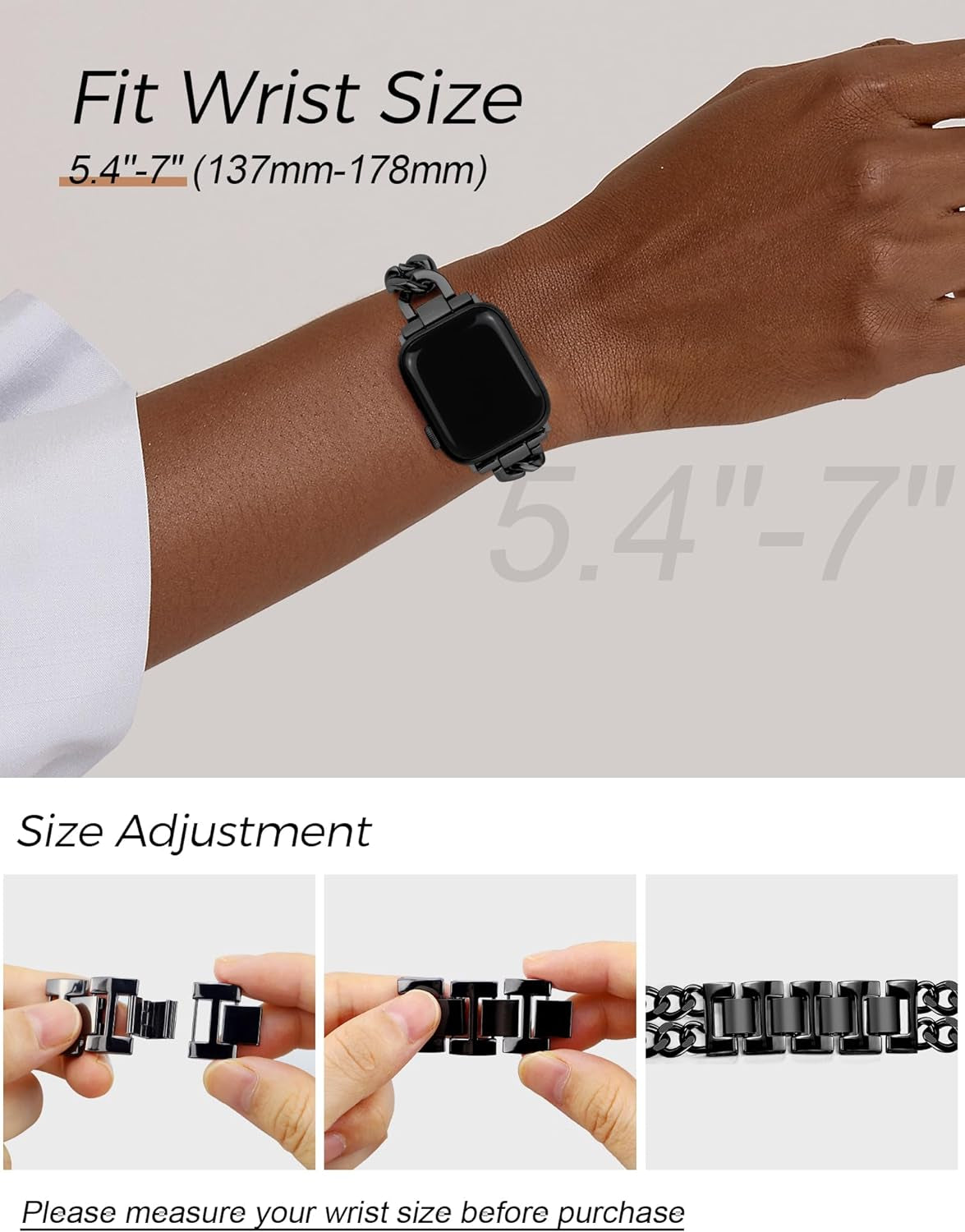 Black Watch Bands for Women Compatible with Apple Watch Band 38Mm 40Mm 41Mm Adjustable Metal Band Cowboy Steel Single Chain Bracelet for Iwatch Series 9/8/7/6/5/4/3/2/1/Se/Ultra (No Case)