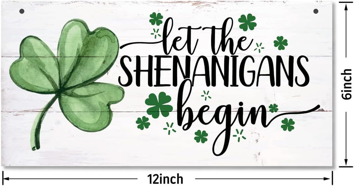 Hanging St. Patricks Day Wood Decor Sign, Let the Shenanigans Begin Printed Wood Wall Art Sign, Home Signs Decor, Hanging Door Wood Sign, Shamrock Sign, St Patricks Day Decor, Rustic Farmhouse Decor