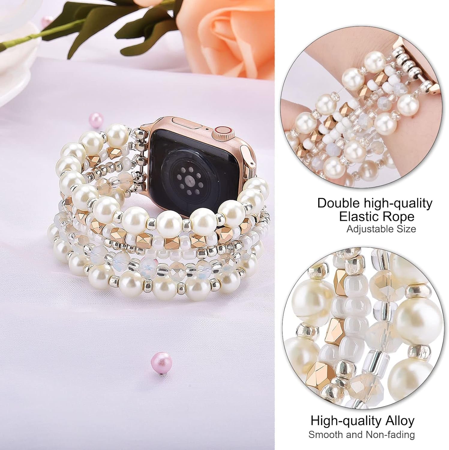 Beaded Bracelet Compatible for Apple Watch Band 40Mm/38Mm/41Mm Series 9 8 7 SE Series 6/5/4 Women Fashion Cute Handmade Pearl Stretchy Watch Strap for Iwatch Bands Series 3/2/1 Replacement