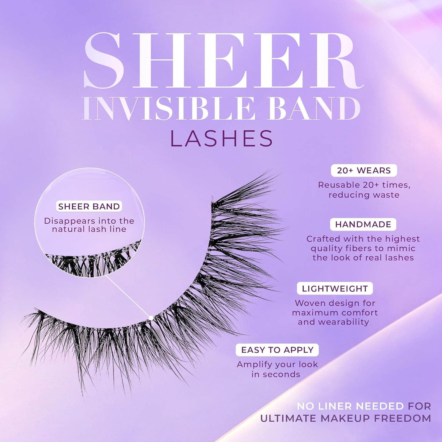 Sheer Band, False Eyelashes W/Invisible Band Lashes, False Lashes Natural Look, Wispy Lashes Style, Clear Band Lashes, Reusable Eyelashes 20X, Lash Glue Not Included, 13.5Mm (Persuasive)