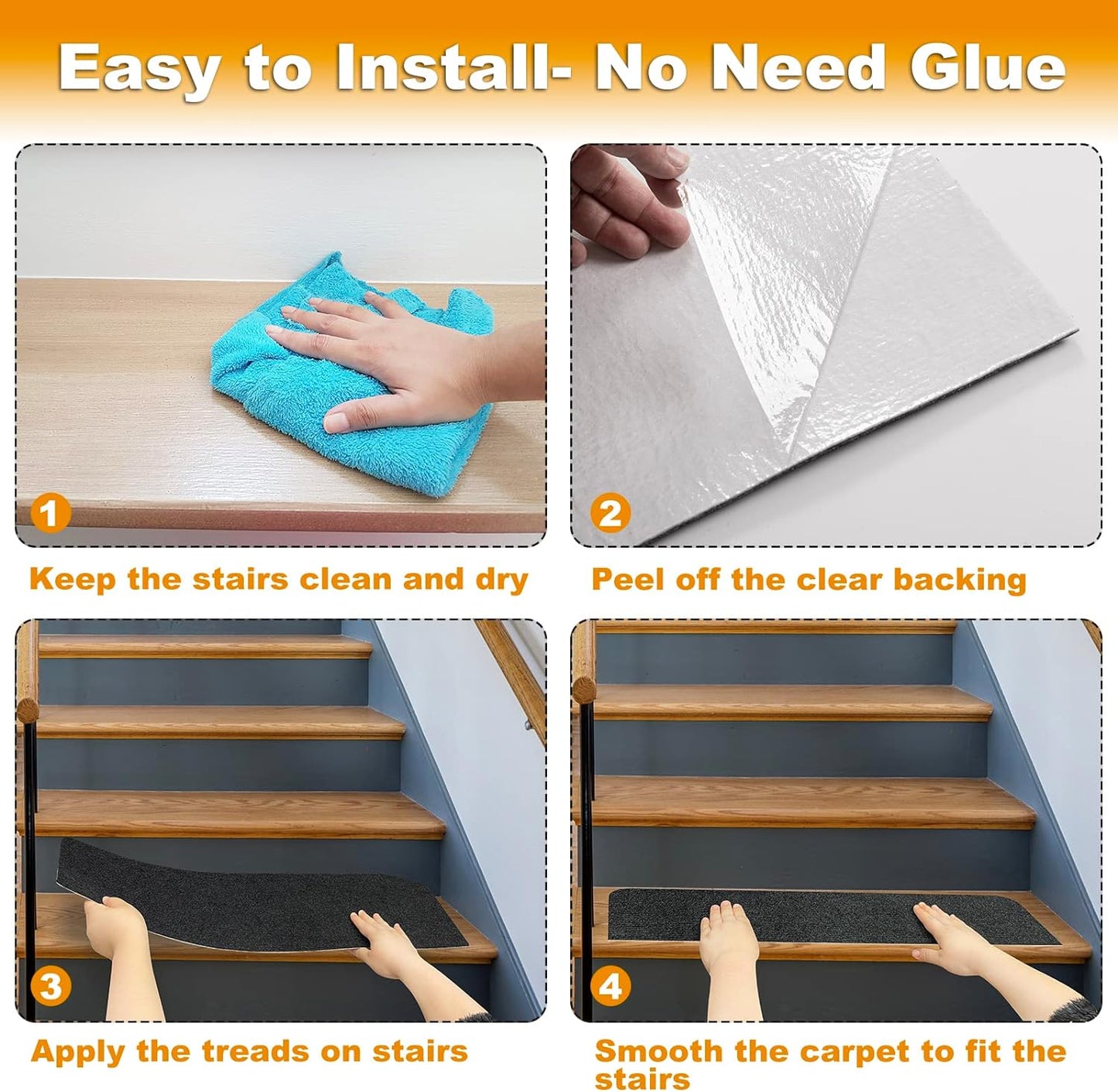 8X30In 15PCS Non-Slip Stair Treads Carpet, Self-Adhesive Stair Treads for Wooden Steps, Indoor Safety Staircase Step Treads, anti Slip Stair Runner Mats for Elders, Kids and Dogs (Black)