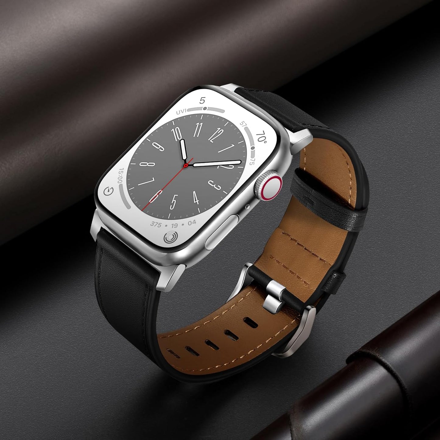 Compatible with Apple Watch Band 41Mm 40Mm 38Mm Men Women, Top Grain Genuine Leather Band Strap for Iwatch Series 9 8 7 6 5 4 3 2 1 SE, Black/Silver