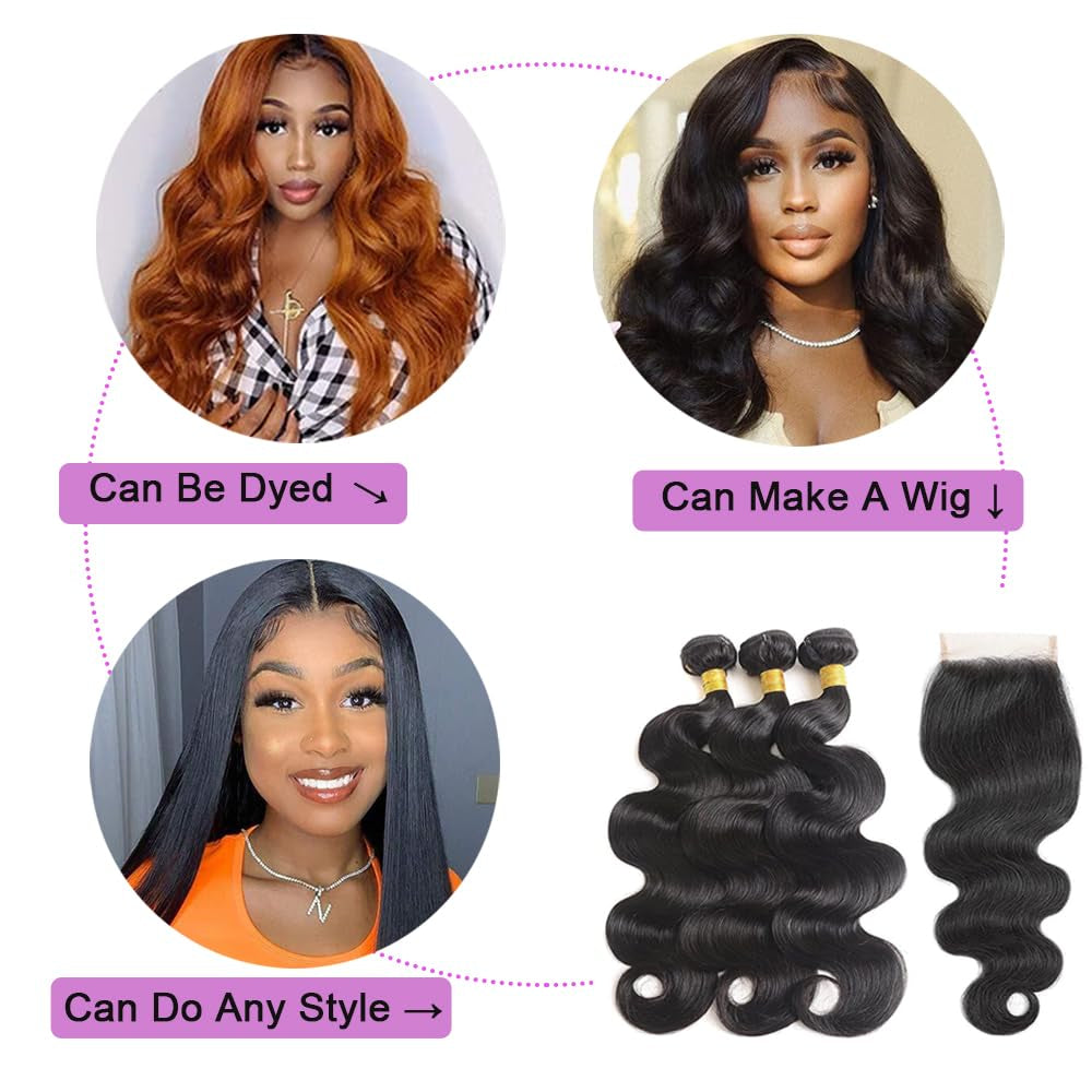 Bundles with Closure Human Hair Body Wave 12 14 16+10 Inch 100% Unprocessed Brazilian Virgin Human Hair 3 Bundles with Closure Human Hair Extensions with 4X4 Free Part Lace Closure Natural Black