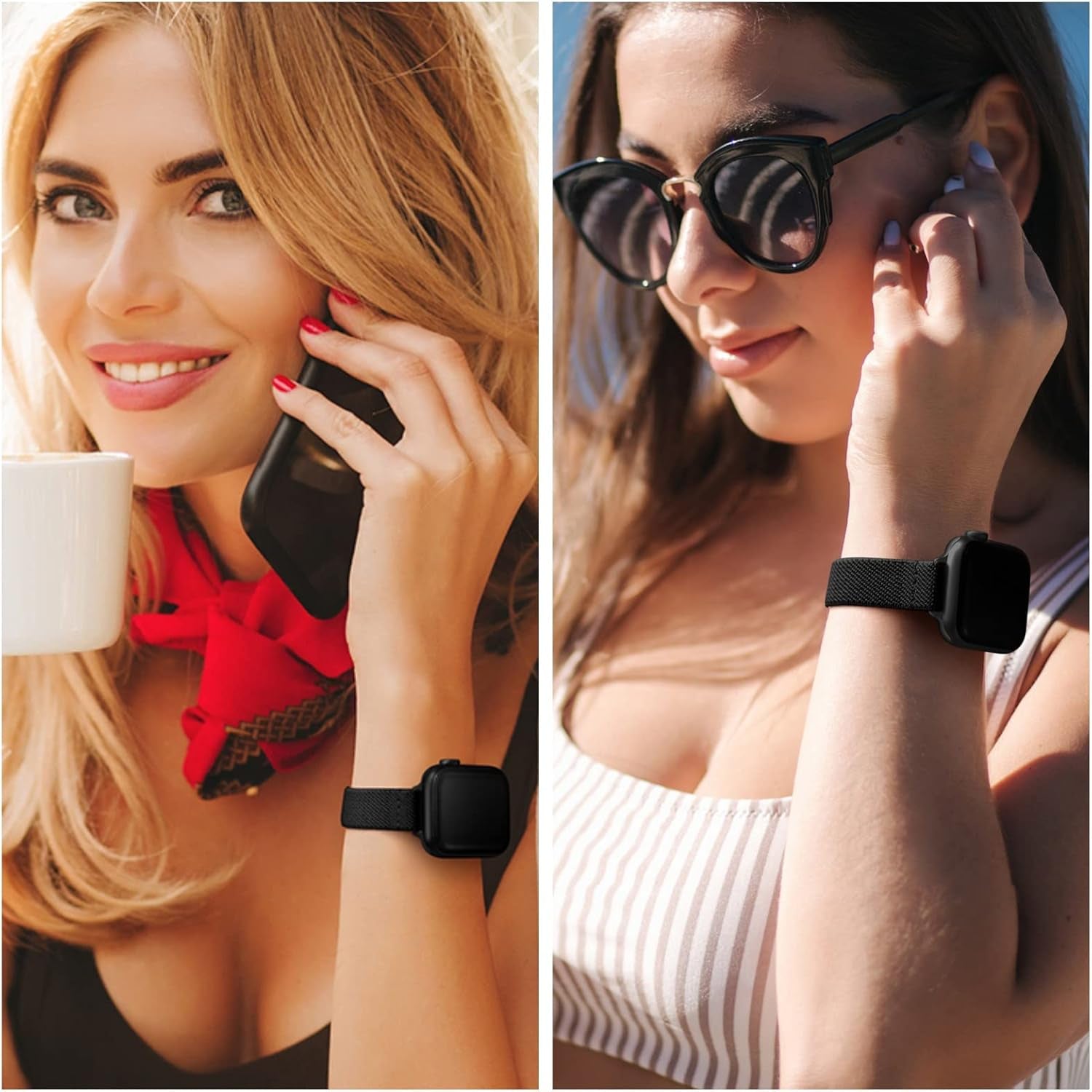 Slim Stretchy Bands Compatible with Apple Watch Band 41Mm 40Mm 38Mm, Women Elastics Nylon Thin Band Strap for Iwatch SE2 SE Series 9 8 7 6 5 4 3 2 1 (Black/Black, 41Mm 40Mm 38Mm)