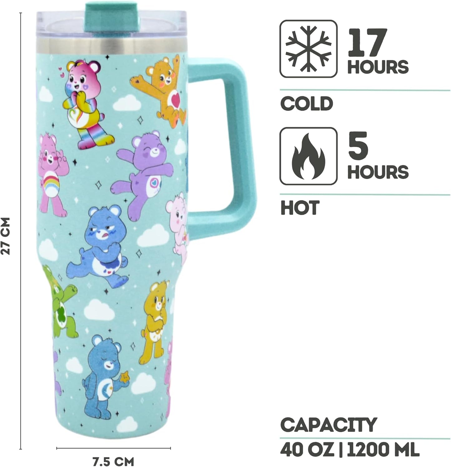 Care Bears 40Oz / 1200 ML Tumbler with Straw & Lid | Leak & Spill Proof Travel Mug | Stainless Steel Double Wall Vacuum Insulated Water Bottle with Handle Keeps Cold for 17Hrs or Hot for 5Hrs UK