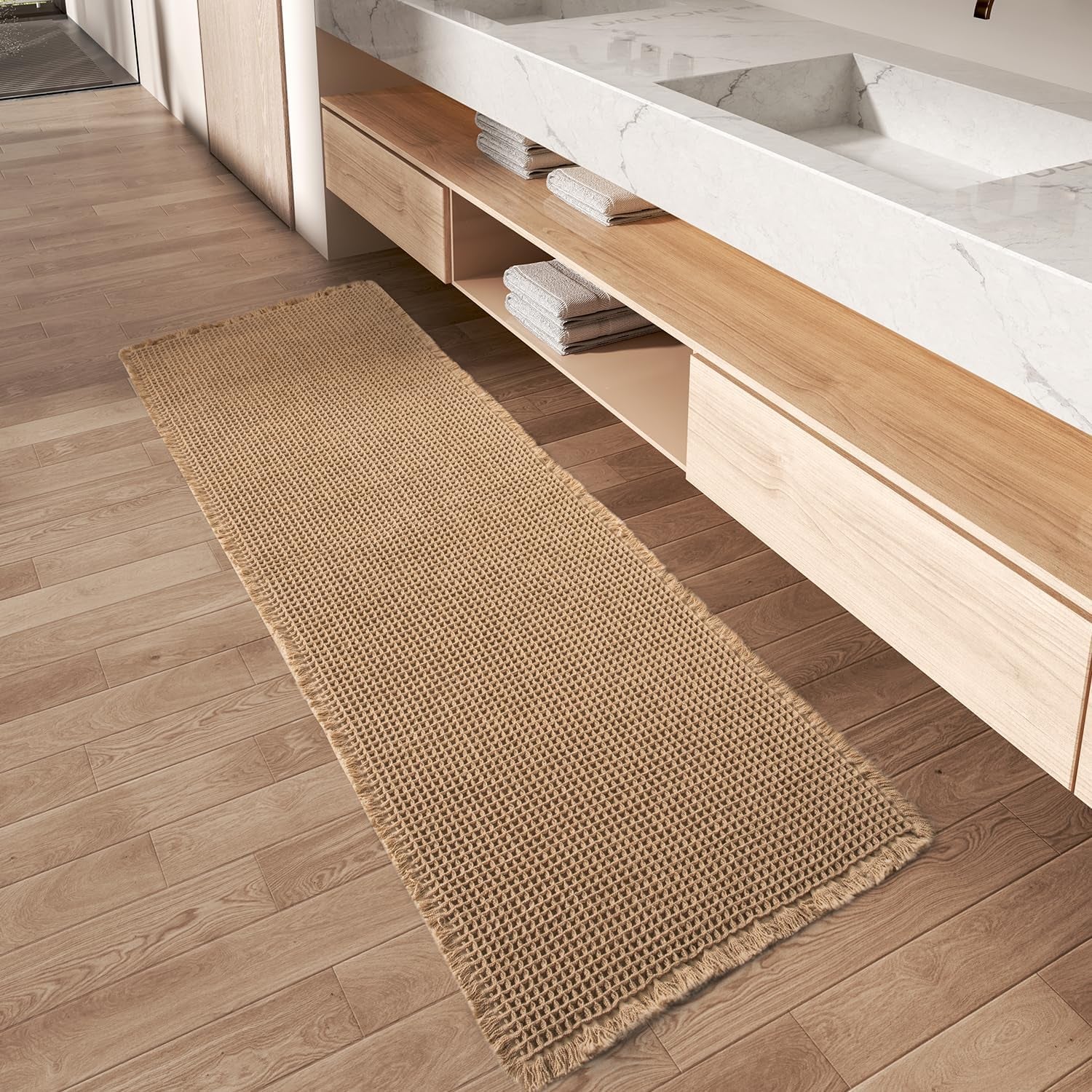 Upgraded Waffle Runner Rug, Super Absorbent Non Slip Bath Mats for Bathroom Floor, Machine Washable Bathroom Runner Rug with Tassels, Ideal for Hallway Bedroom Laundry Room, Brown, 2'X 6'(24" X 72")