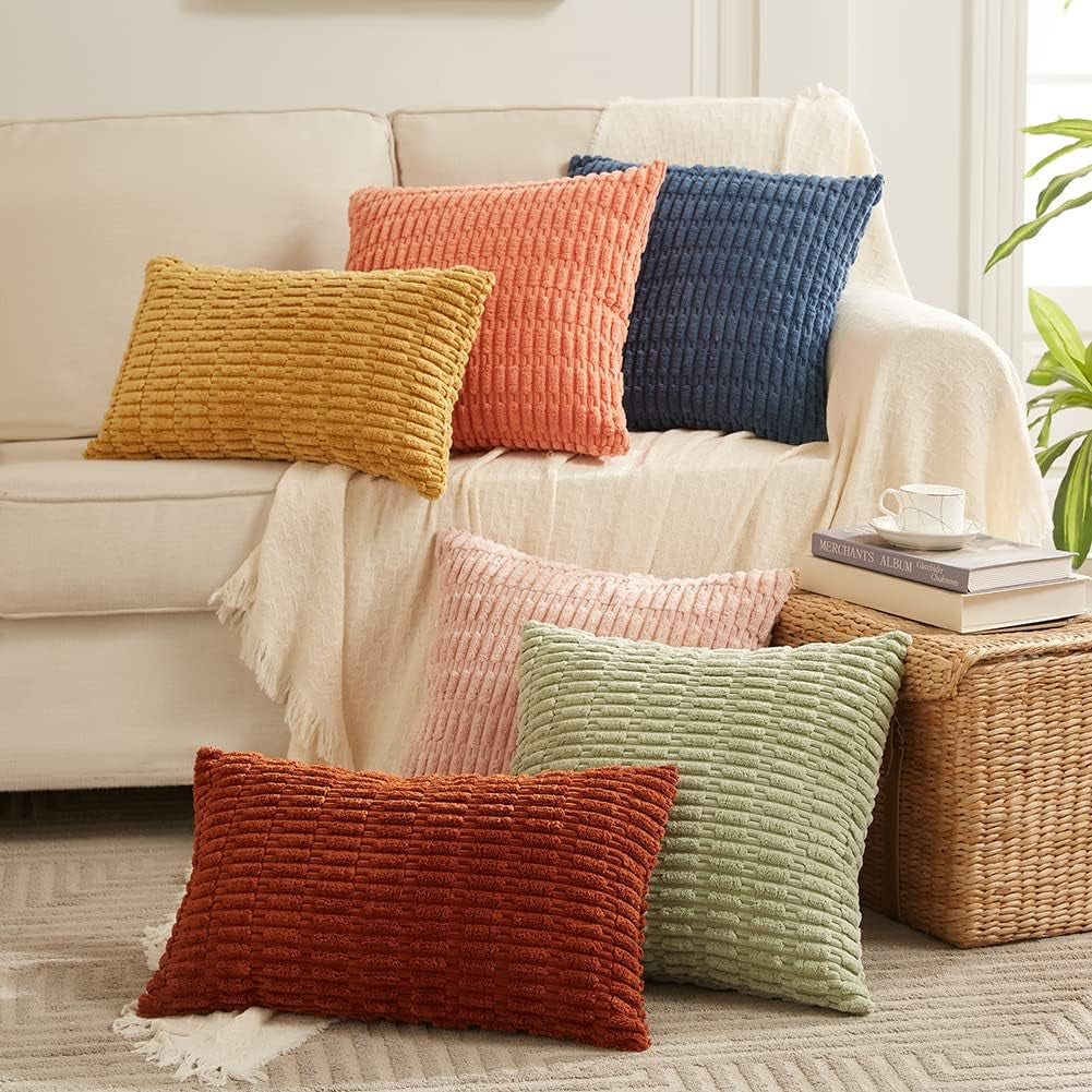 4 Packs Dusty Blue Decorative Throw Pillow Covers 18X18 Inch for Living Room Couch Bed Sofa, Rustic Farmhouse Boho Home Decor, Soft Plush Striped Corduroy Square Cushion Case 45X45 Cm