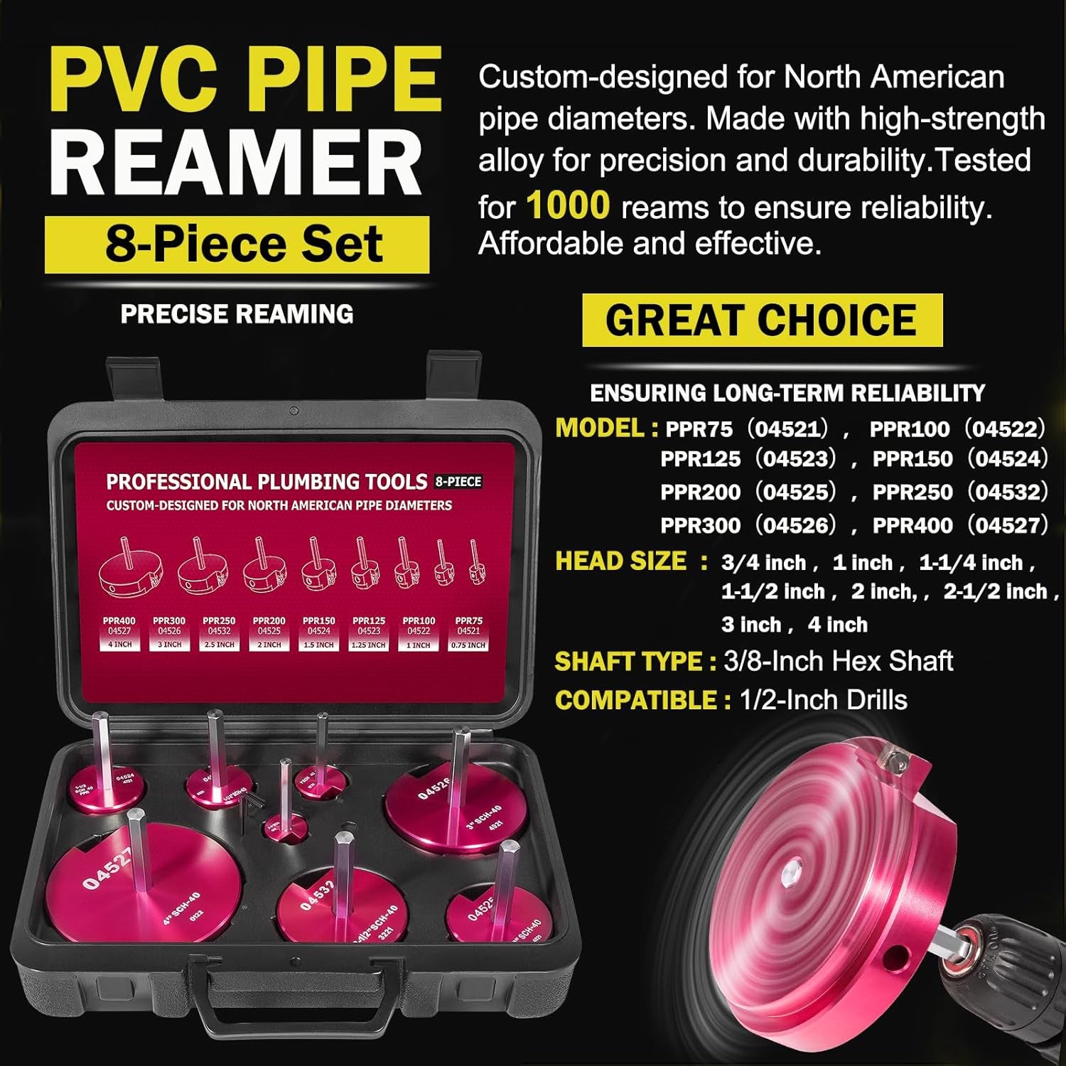 Premium 8Pcs PVC Pipe Reamer Kit - Complete Reamer Set, Fits Standard 1/2" Drills, Includes PPR75, PPR100, PPR125, PPR150, PPR200, PPR250, PPR300, PPR400 (3/4", 1", 1-1/4", 1-1/2", 2", 2-1/2", 3", 4")