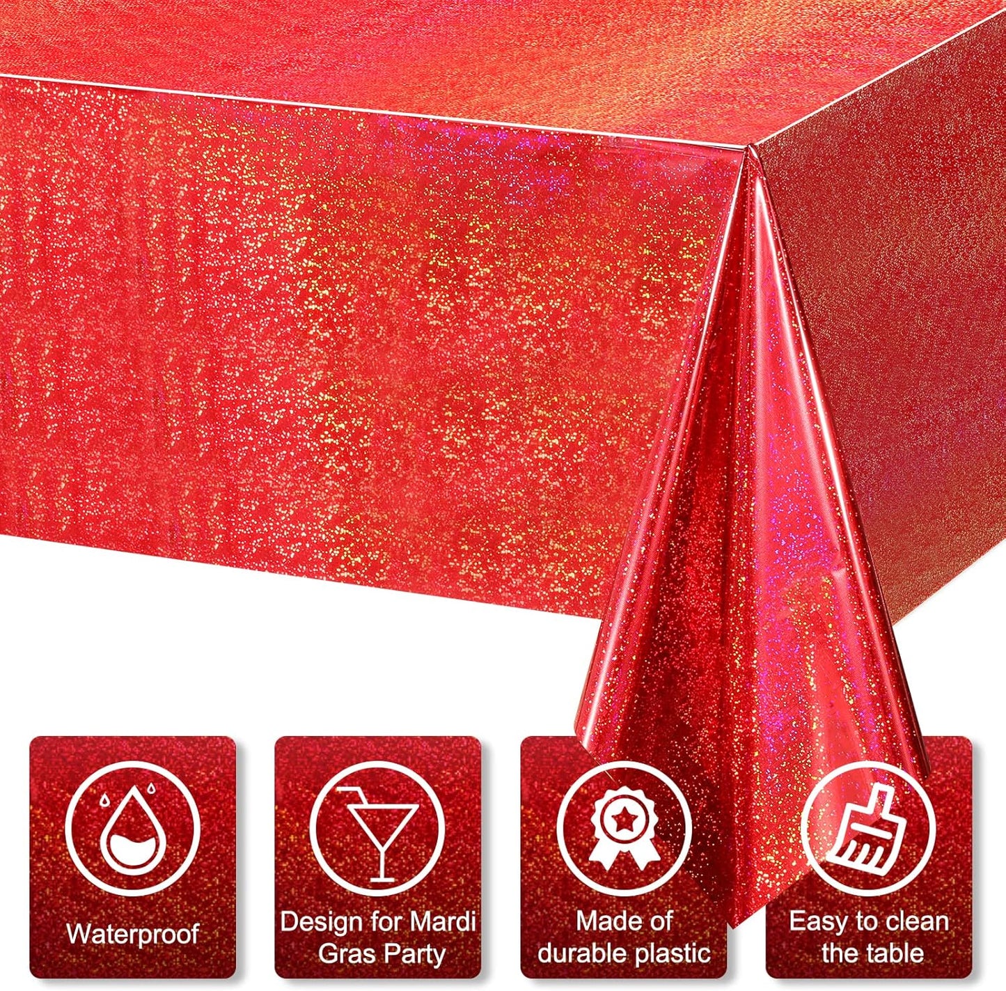 4 Pack Iridescence Red Plastic Tablecloths Shiny Disposable Laser Rectangle Table Covers Holographic Foil Tablecloth Iridescent Party Decoration Birthday Bridal Wedding Christmas 54" X 108"(Red)